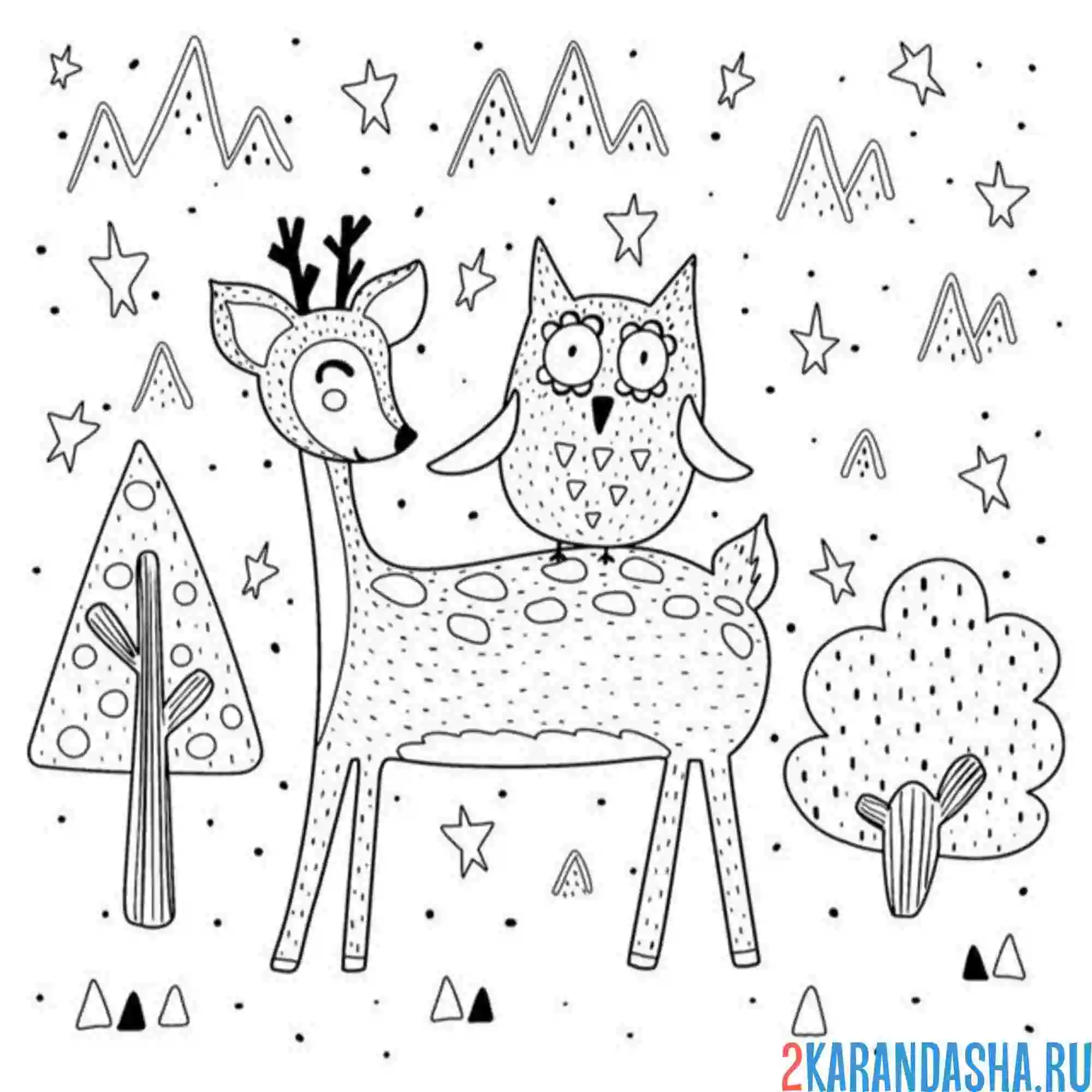Раскраска олень и сова