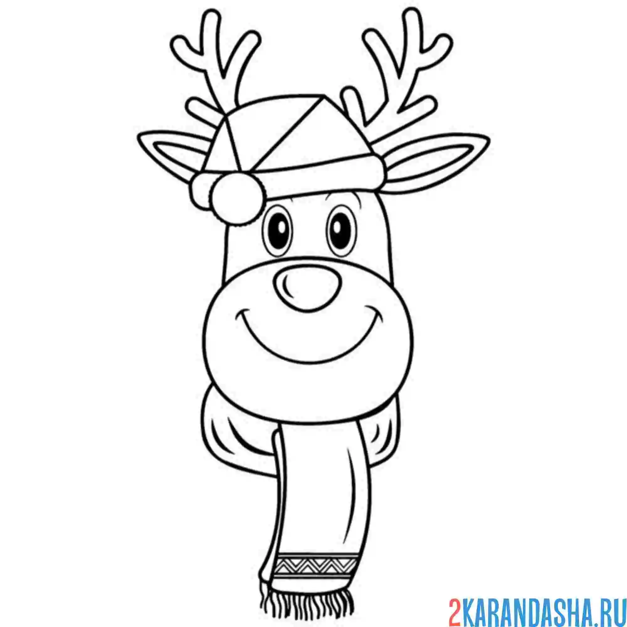 Раскраска голова новогоднего оленя в шарфе