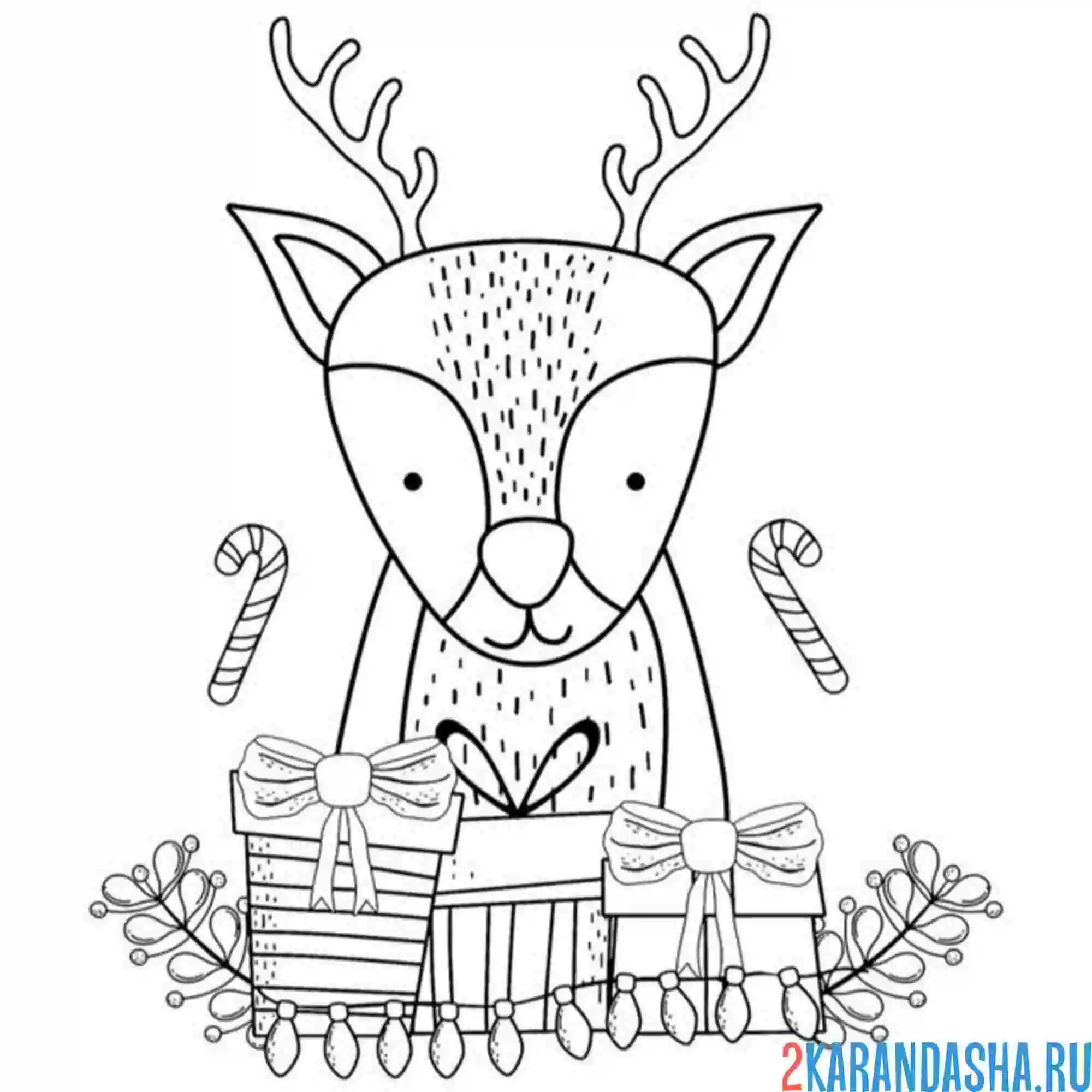 Раскраска олень с подарками