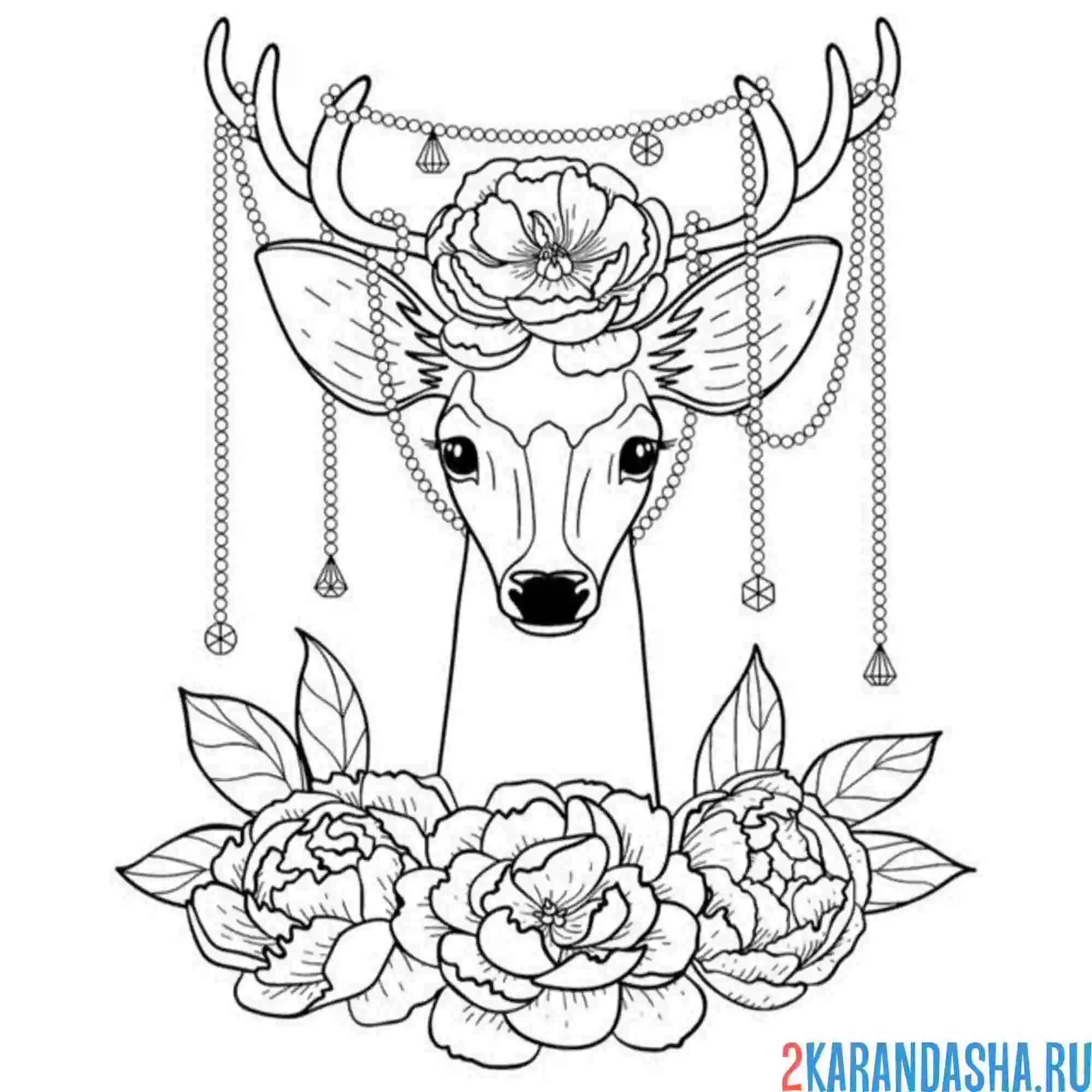 Раскраска олень в цветах и гирлянде