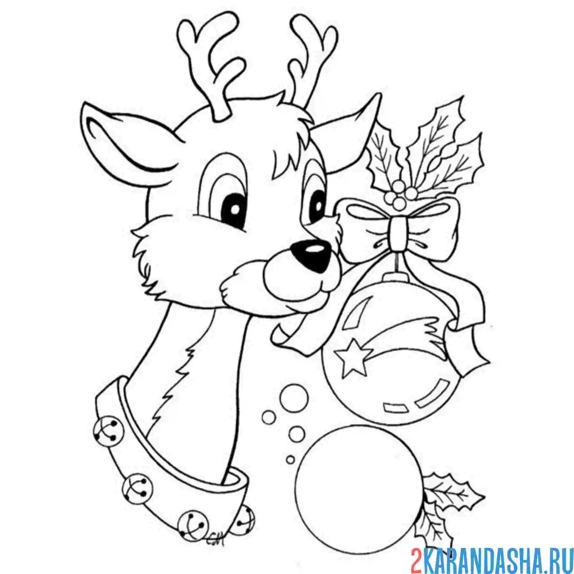 Раскраска олень и новогодние игрушки
