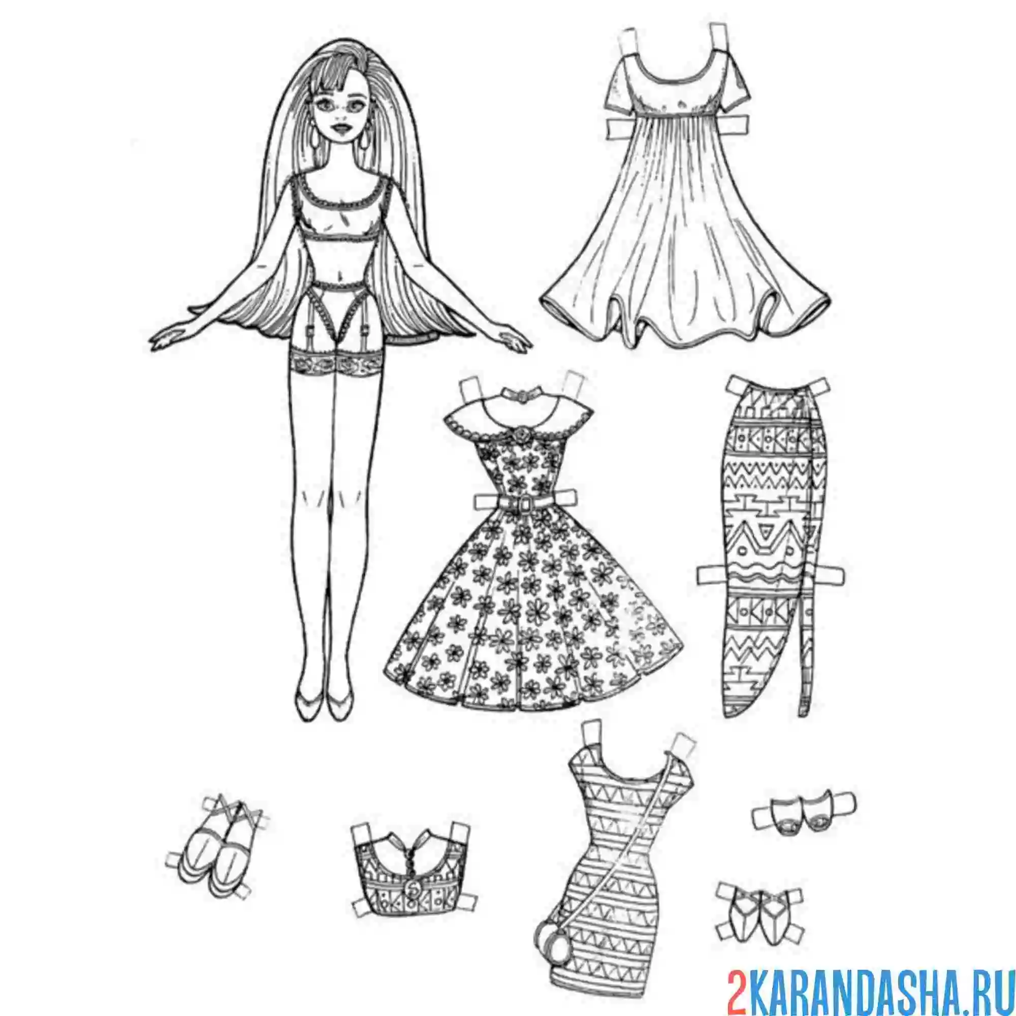 Раскраска бумажная кукла для вырезания с длинными волосами