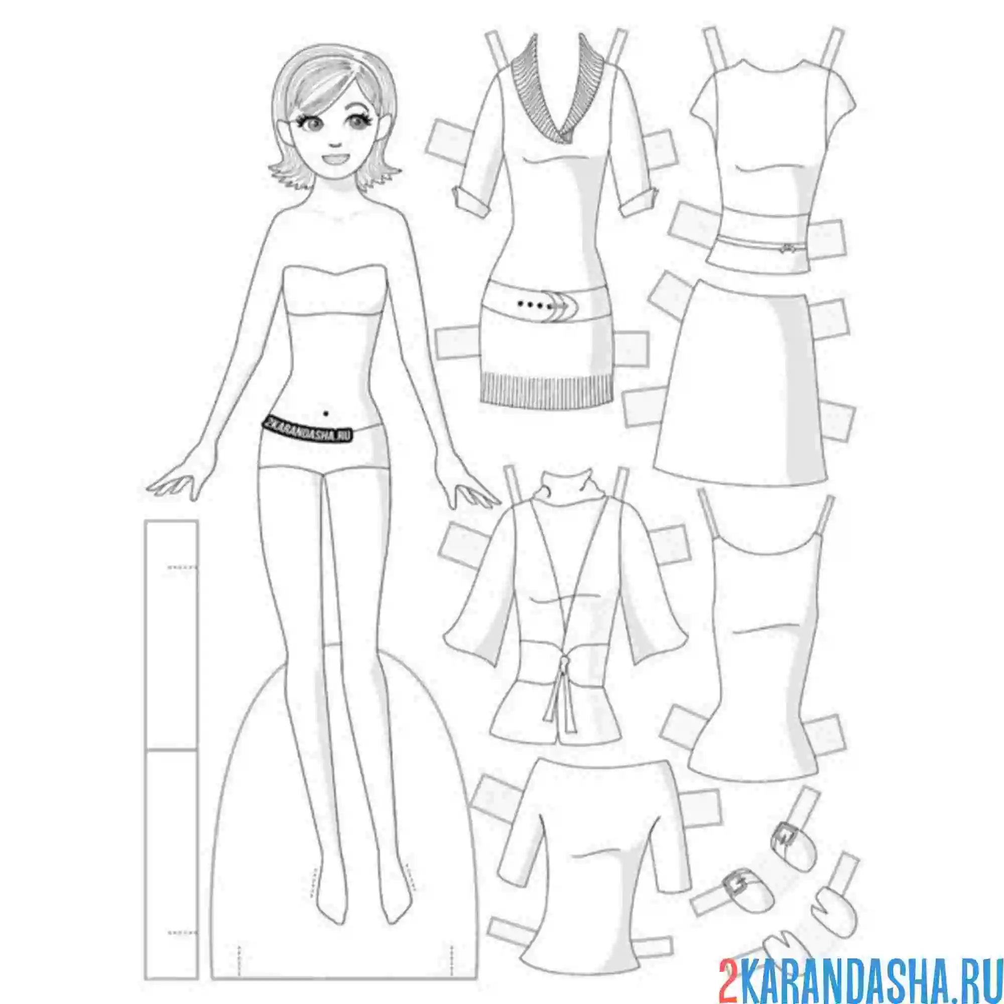 Раскраска кукла из бумаги для вырезания с одеждой платья