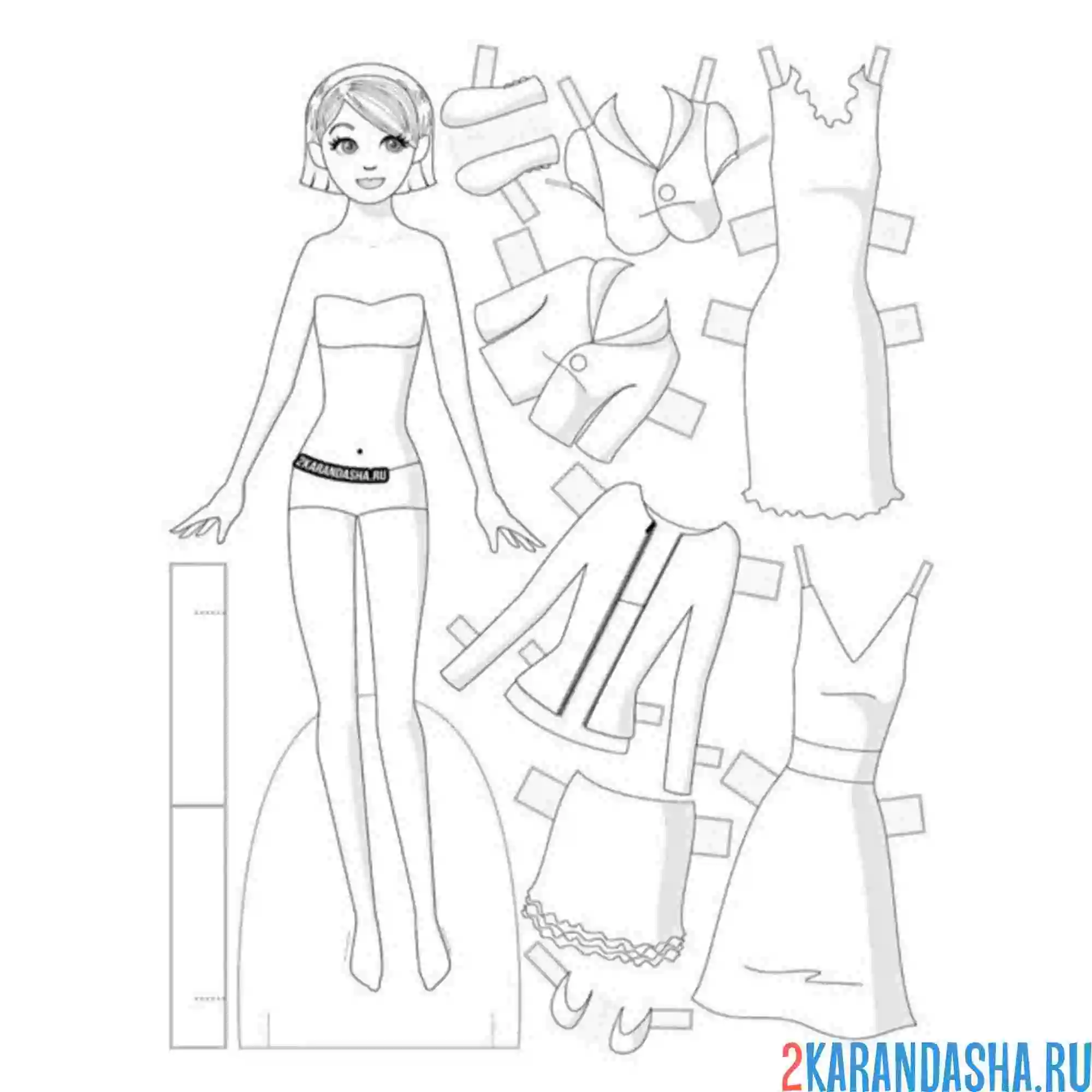 Раскраска кукла из бумаги для вырезания с одеждой юбки