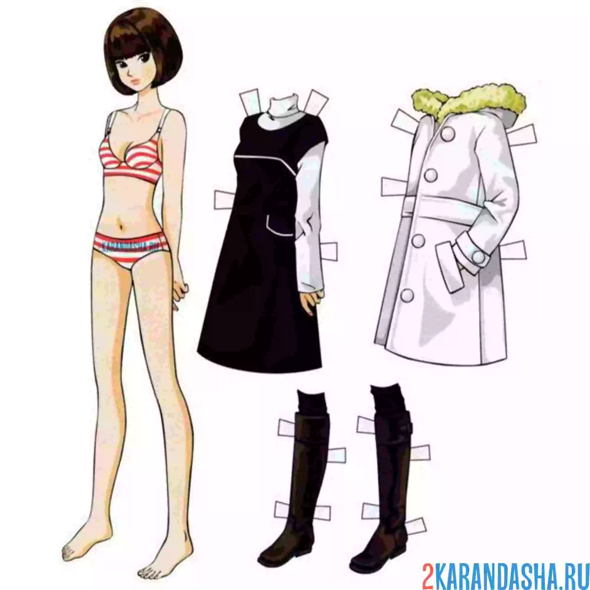 Раскраска цветная бумажная кукла с зимней одеждой