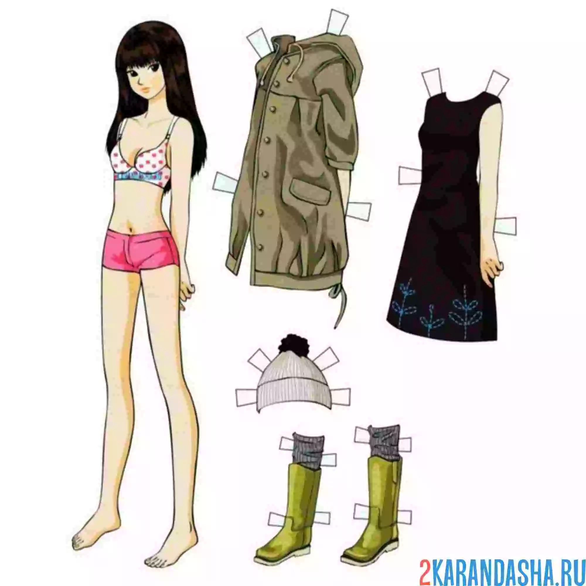 Раскраска цветная бумажная кукла с осенней одеждой для вырезания