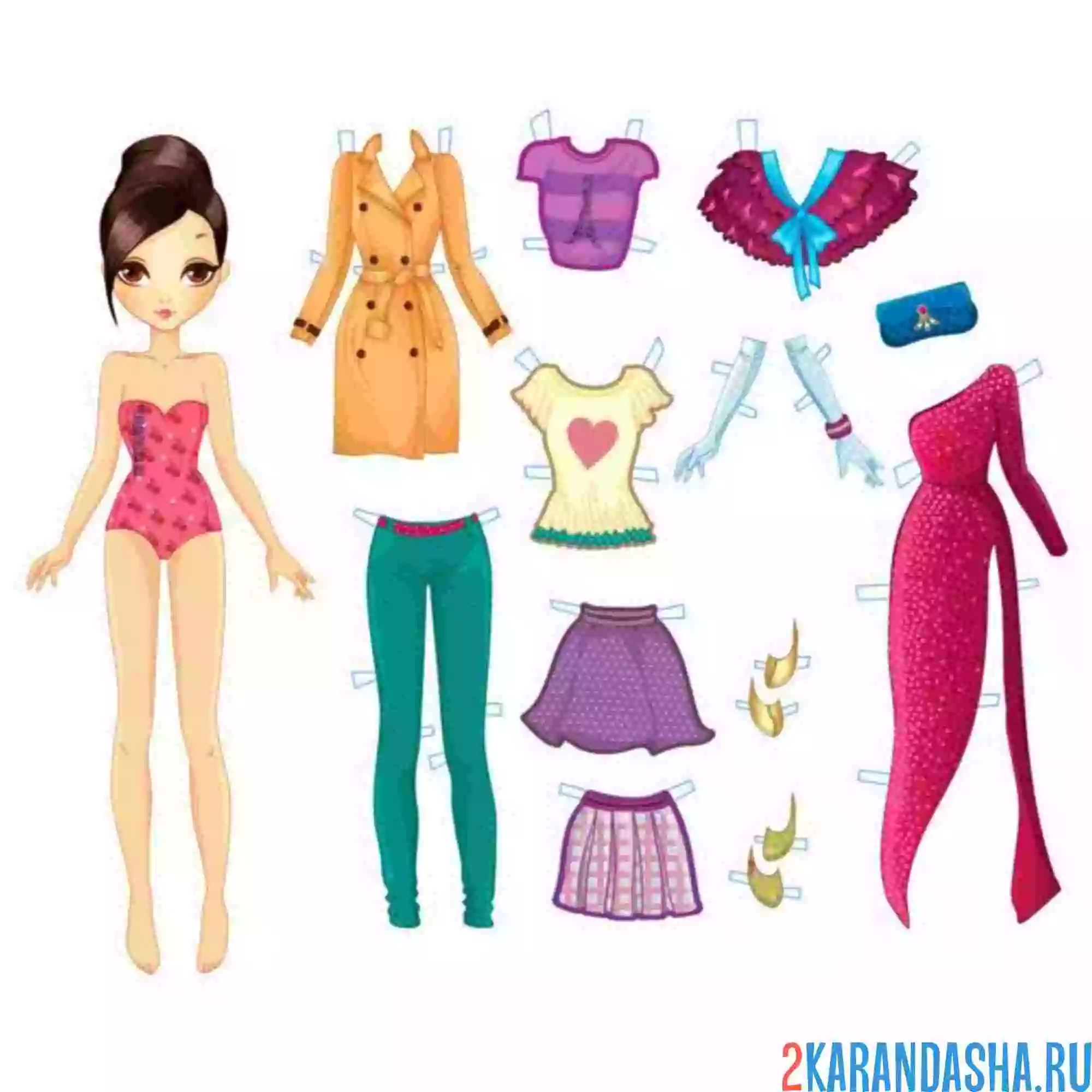 Раскраска цветная бумажная куколка с одеждой