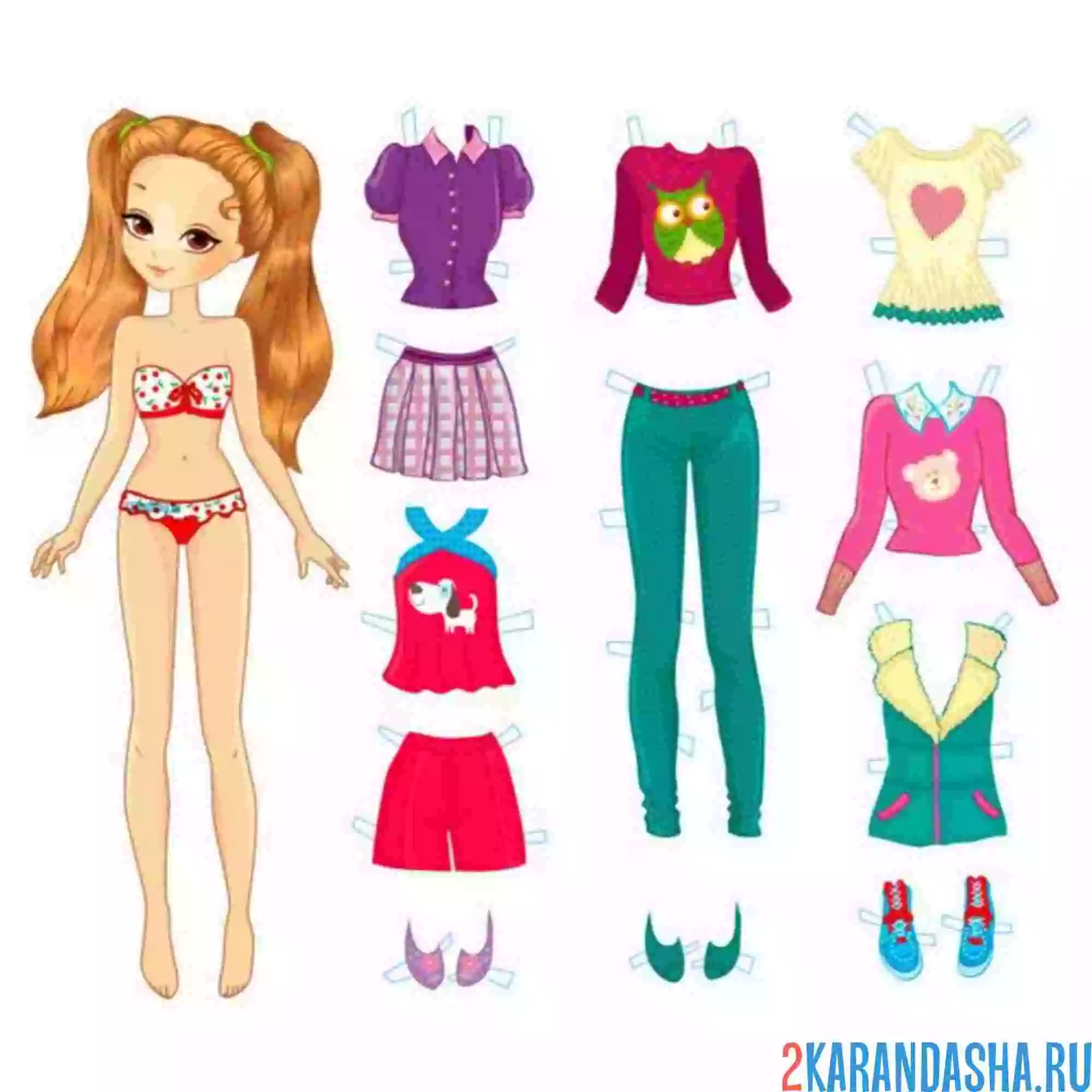 Раскраска цветная бумажная кукла-модница с одеждой