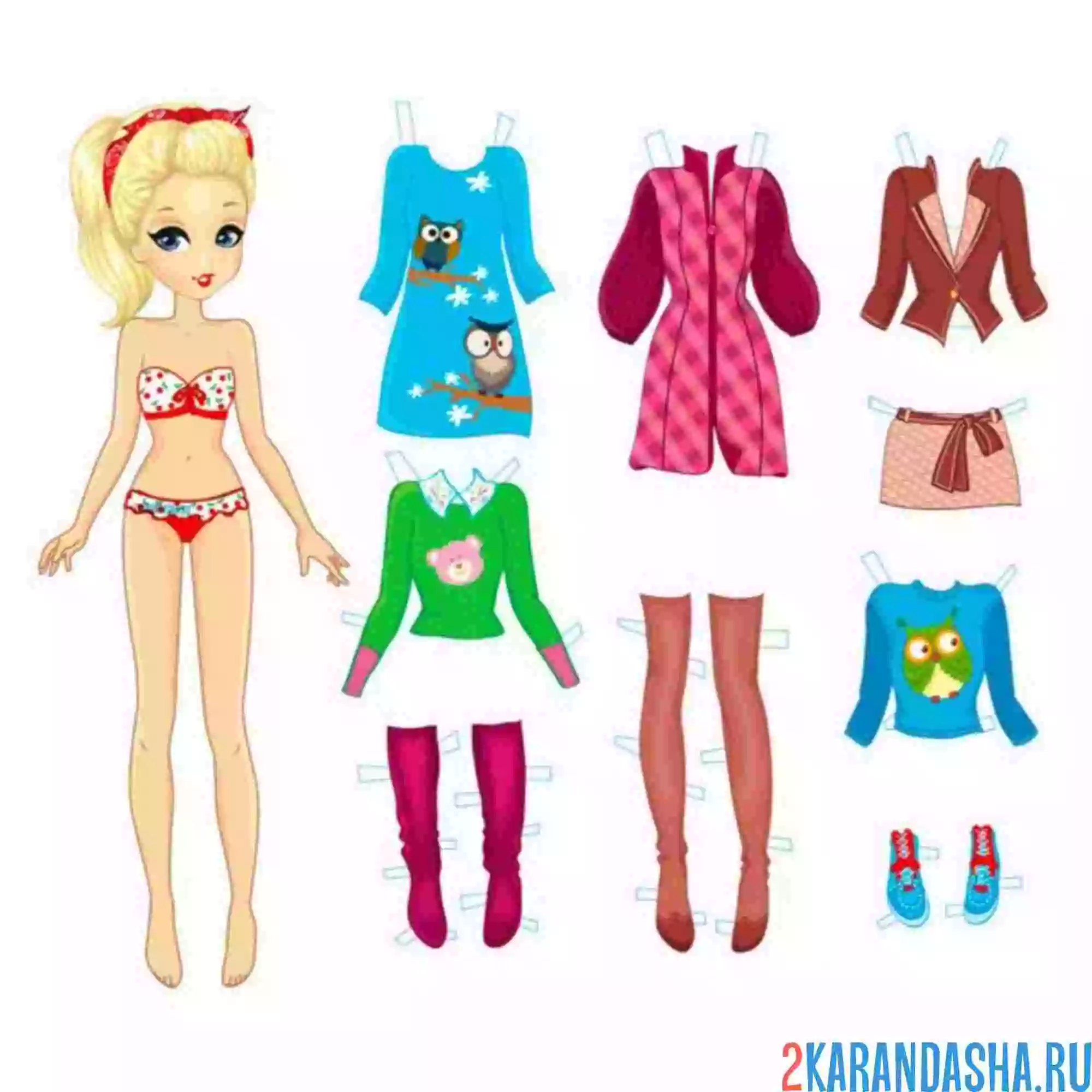 Раскраска цветная бумажная кукла-модница с одеждой для вырезания