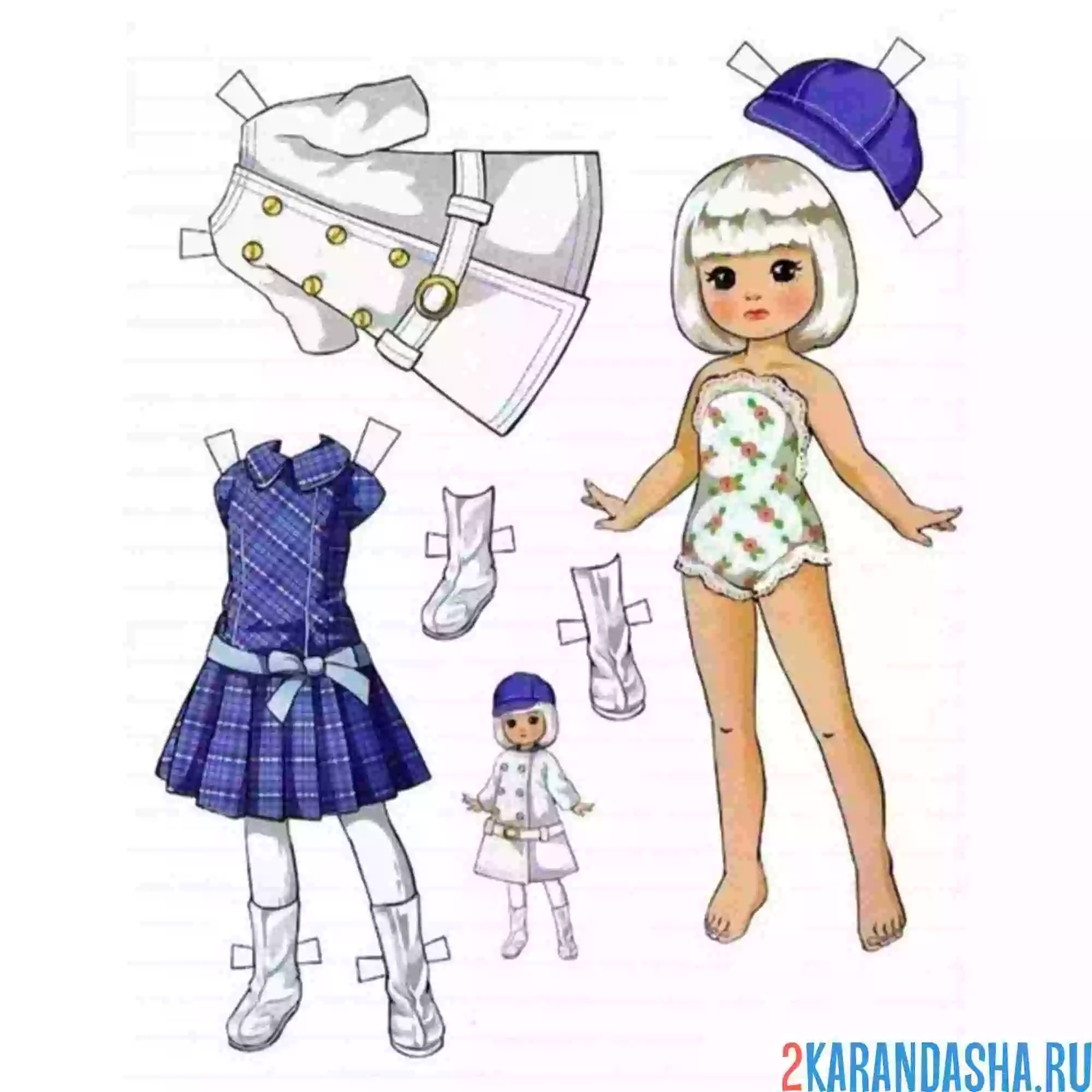 Раскраска цветная маленькая бумажная кукла с одеждой