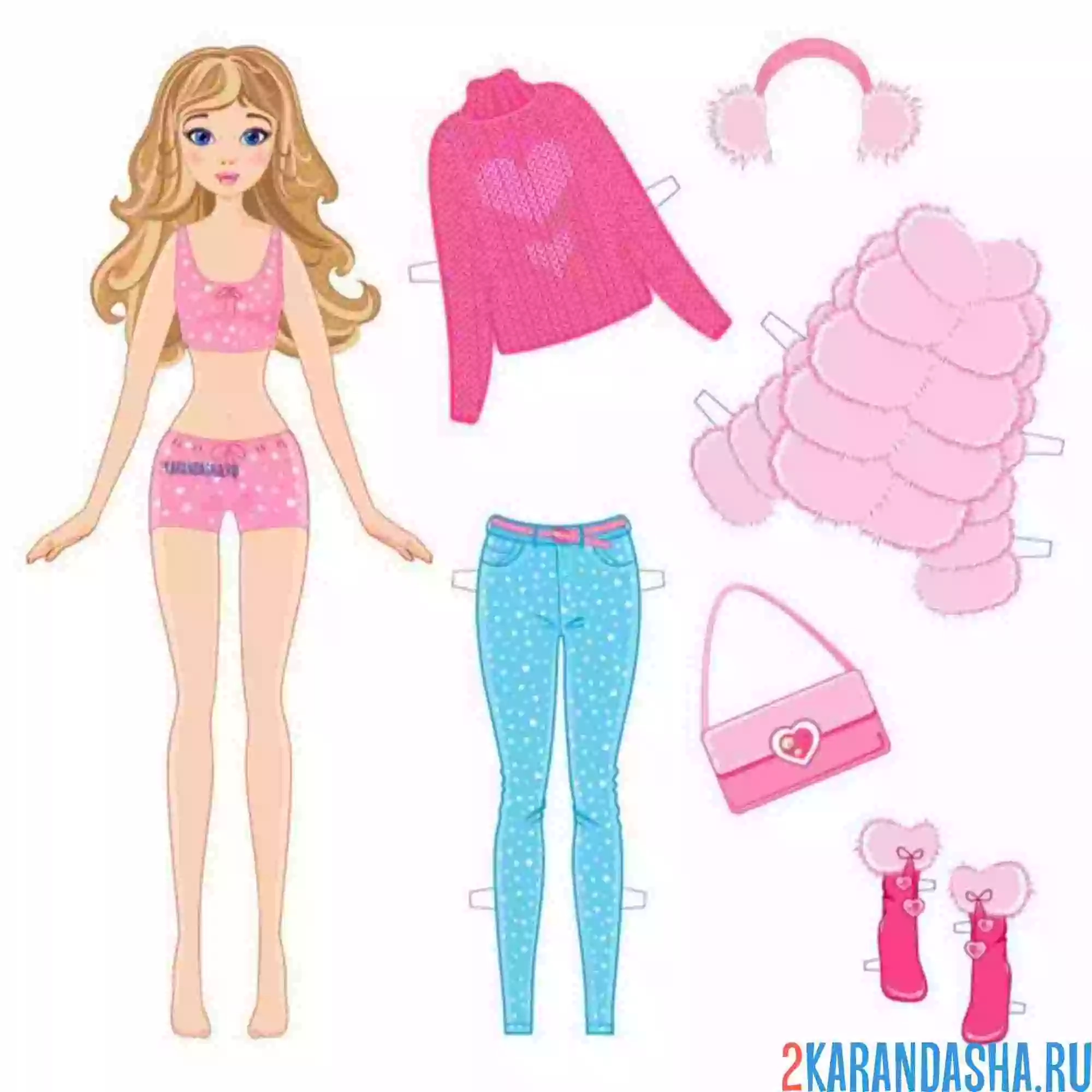 Раскраска цветная бумажная кукла-модница с зимней одеждой