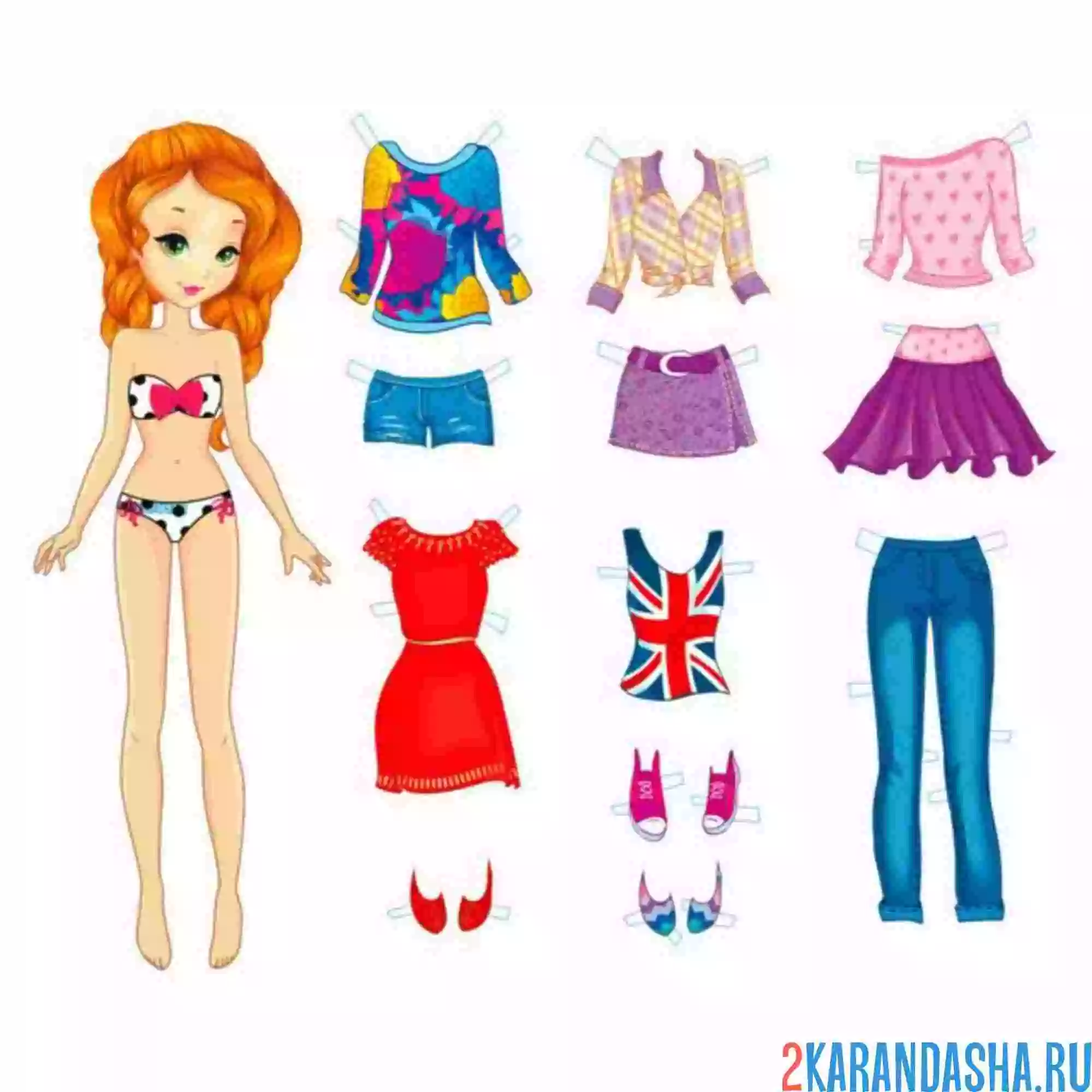 Раскраска цветная бумажная кукла-модница с разной одеждой