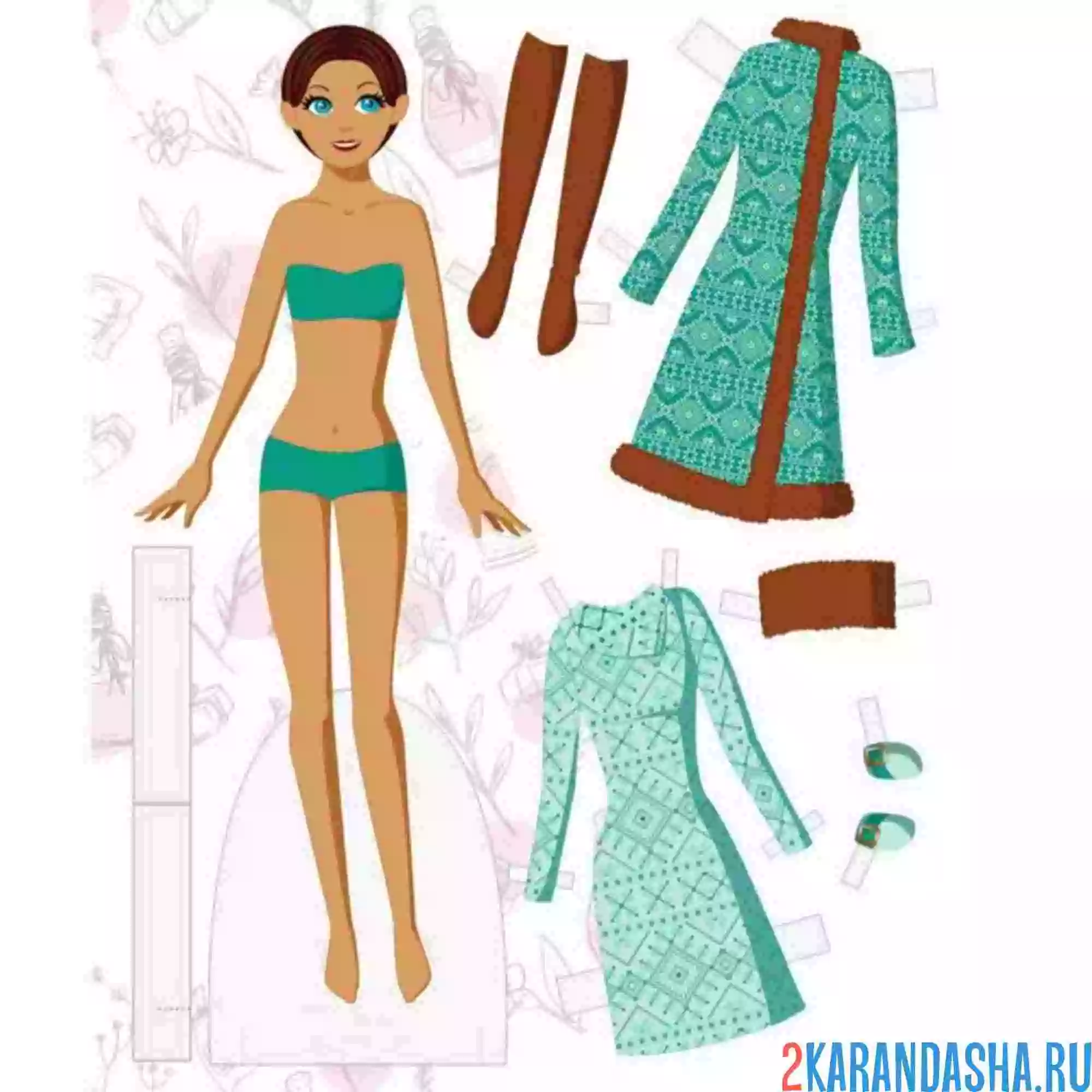 Раскраска цветная бумажная кукла и зимняя одежда