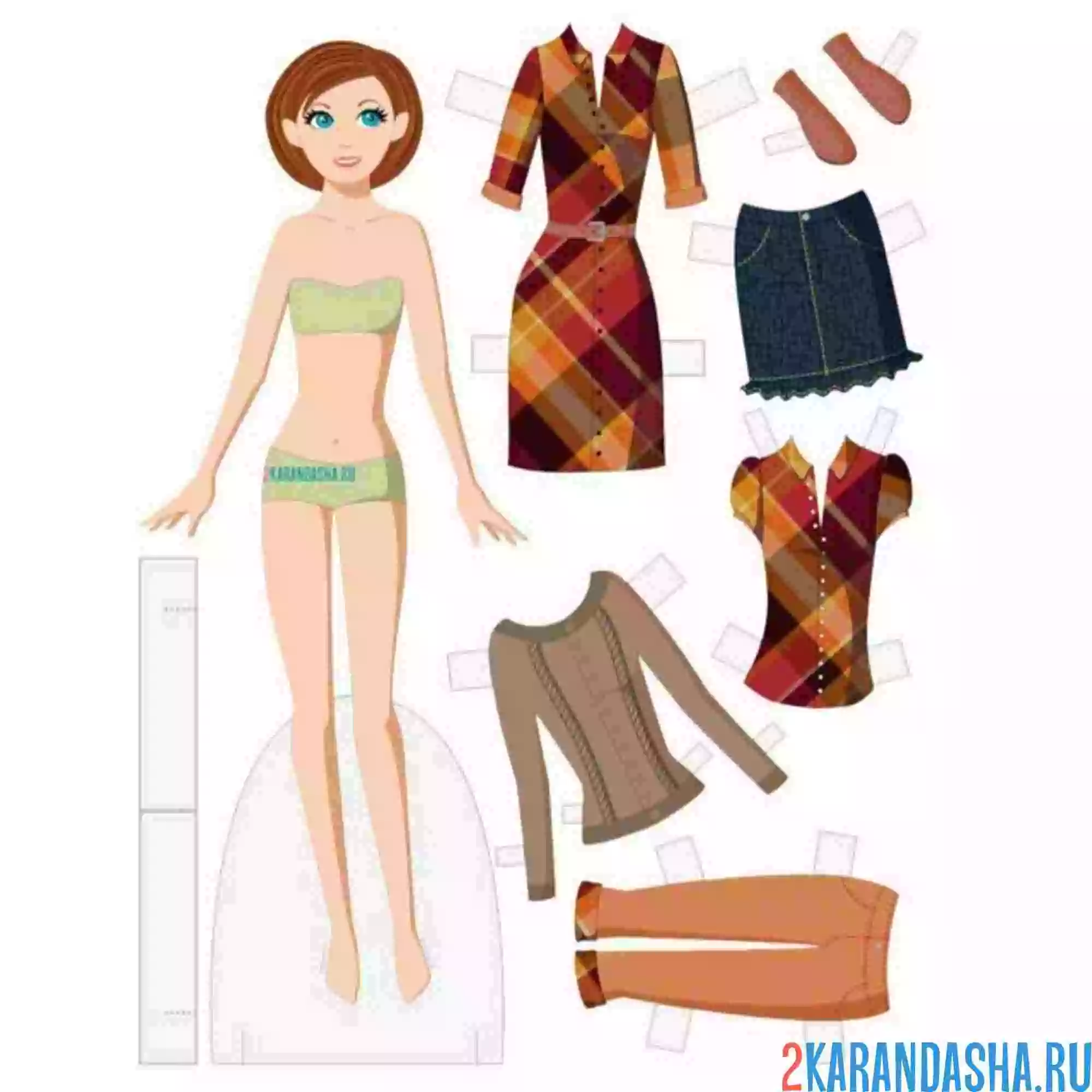 Раскраска цветная бумажная кукла платье, юбка