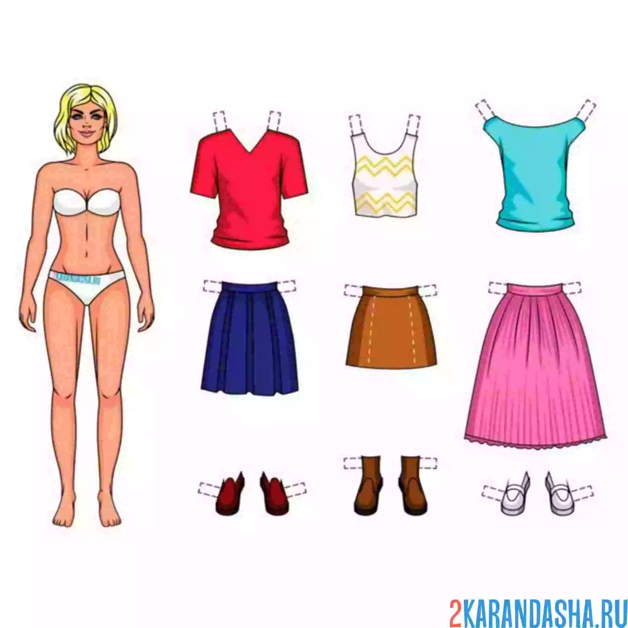 Раскраска цветная бумажная кукла для вырезания