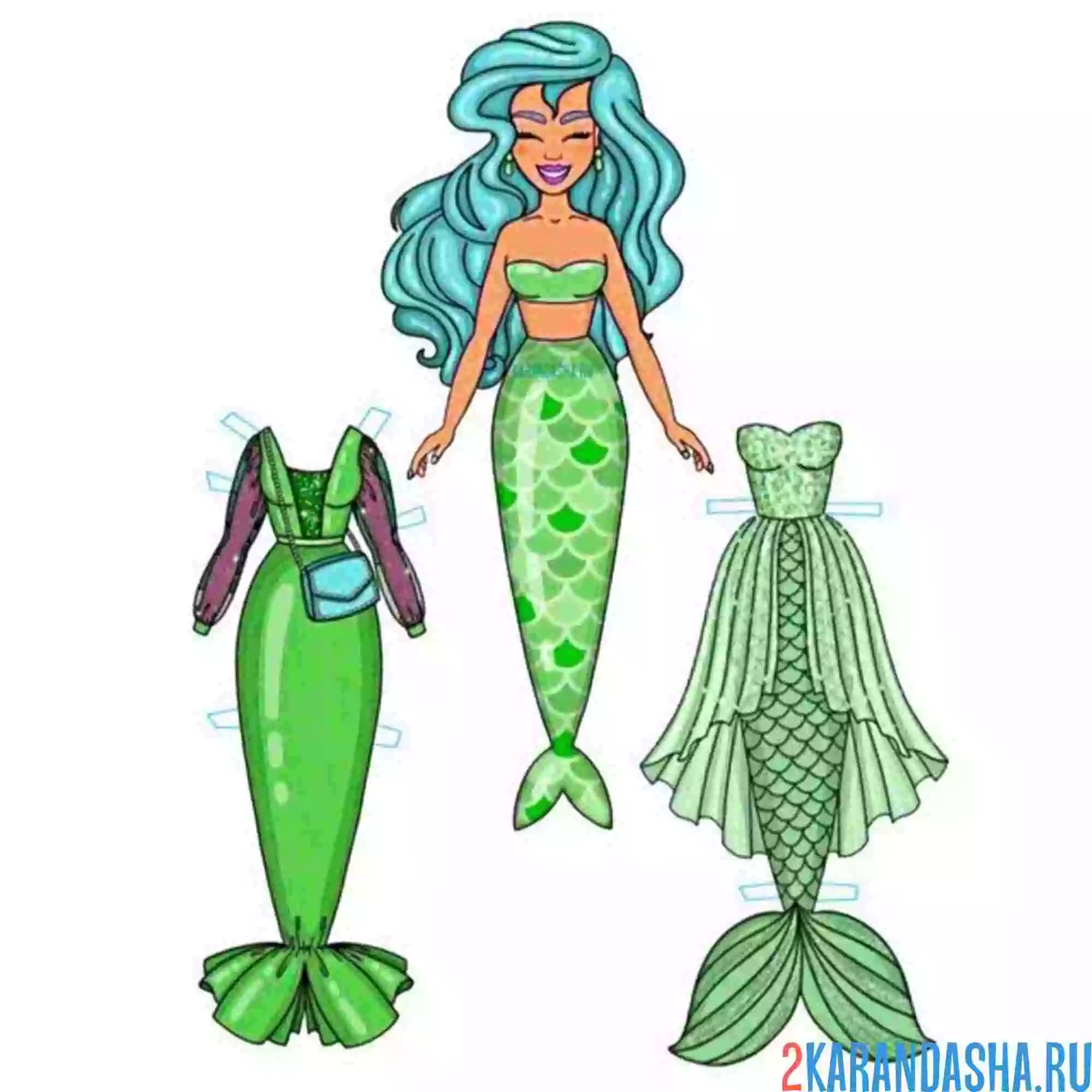Раскраска цветная бумажная кукла русалка с хвостом