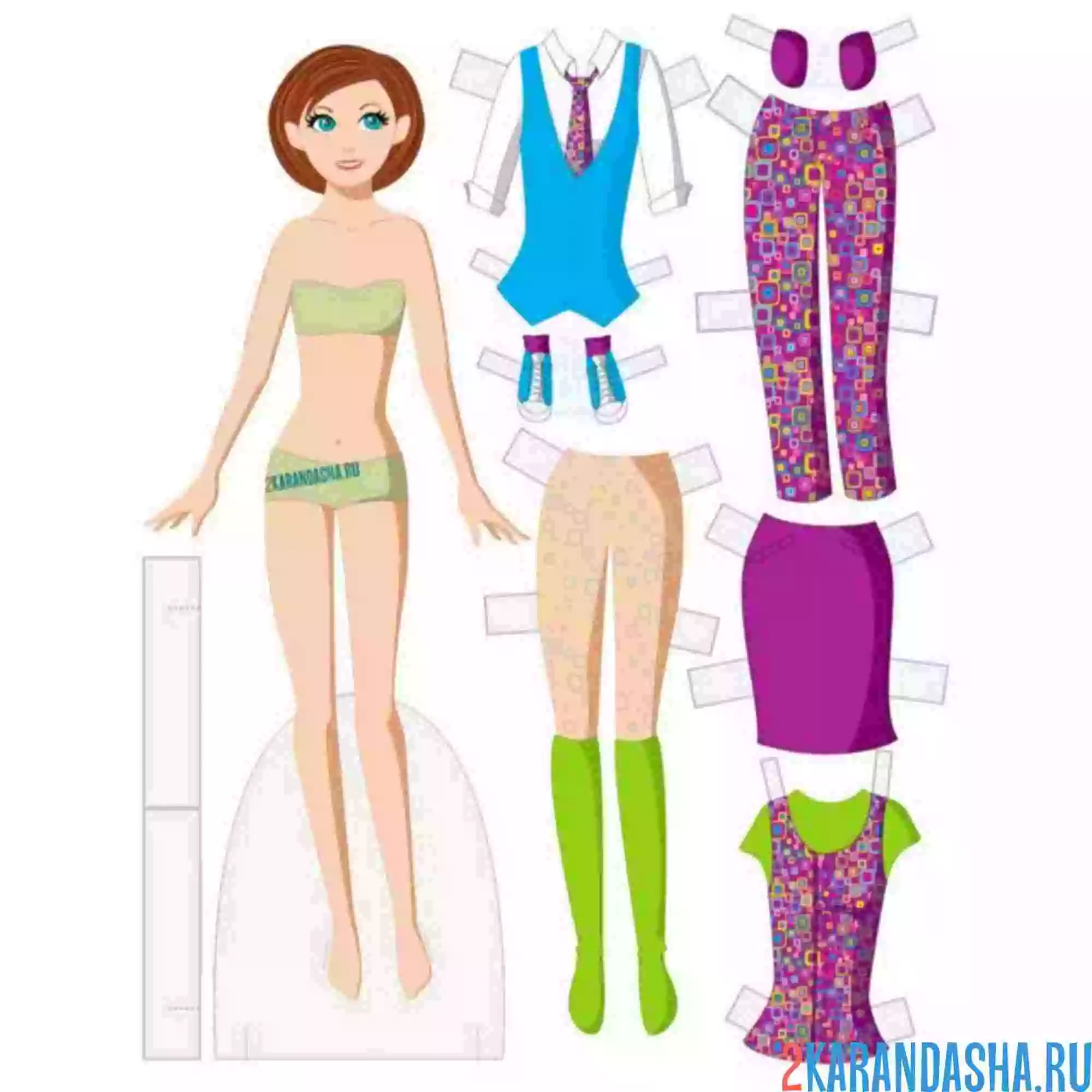 Раскраска бумажная кукла и цветная одежда