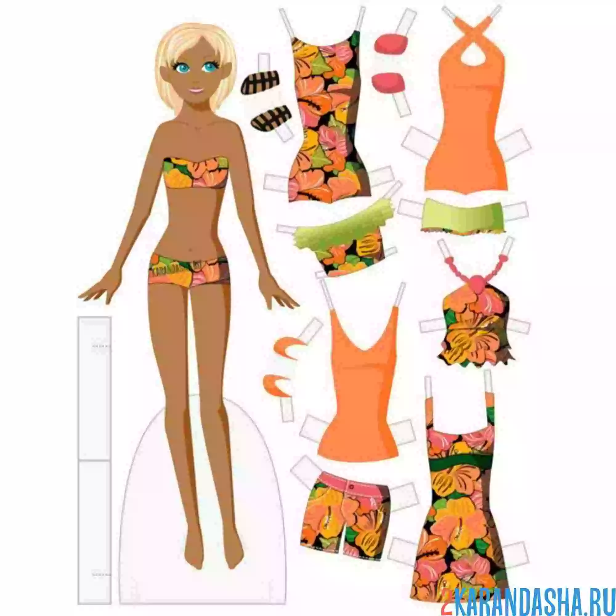 Раскраска бумажная кукла и летняя цветная одежда