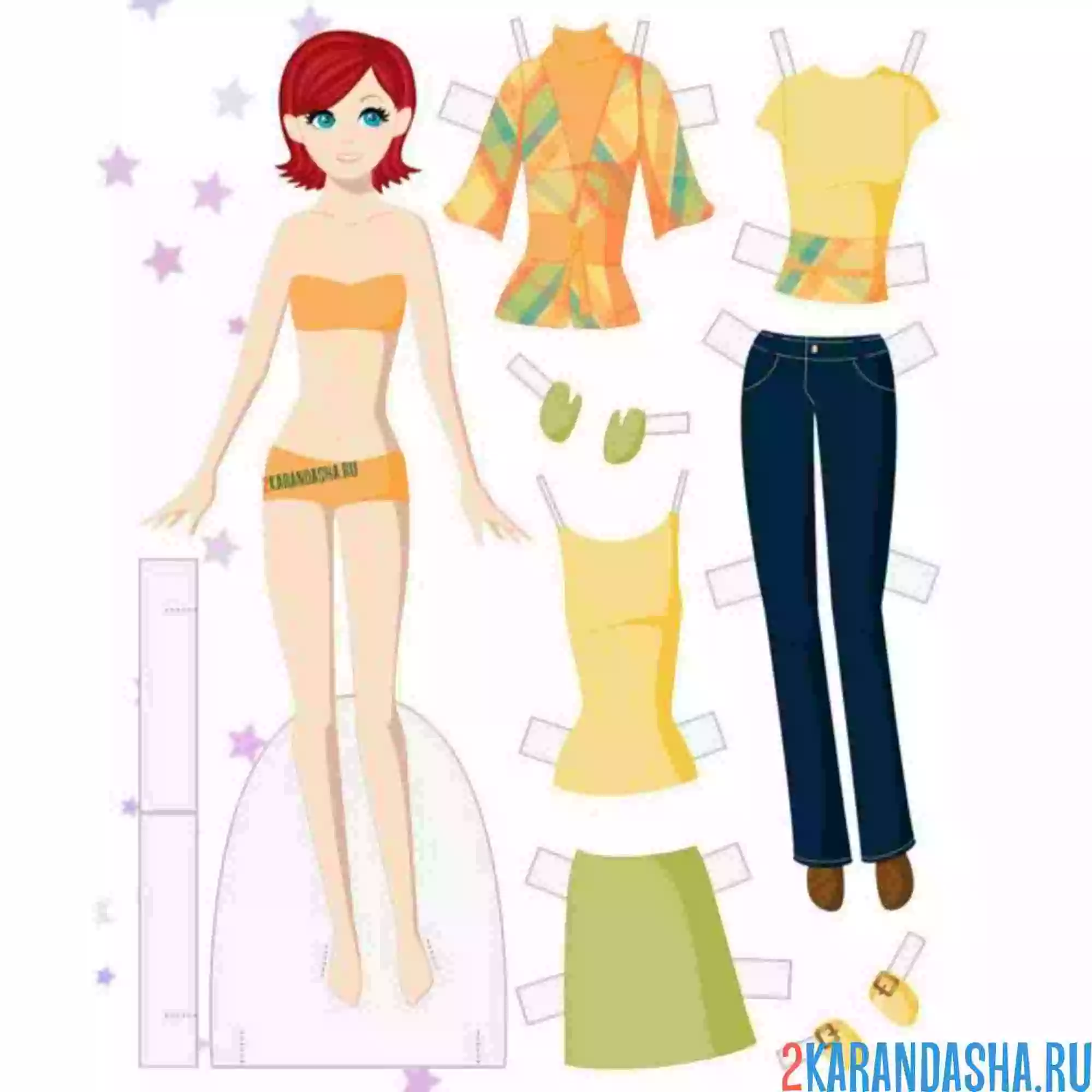 Раскраска бумажная кукла и летняя цветная одежда для вырезания