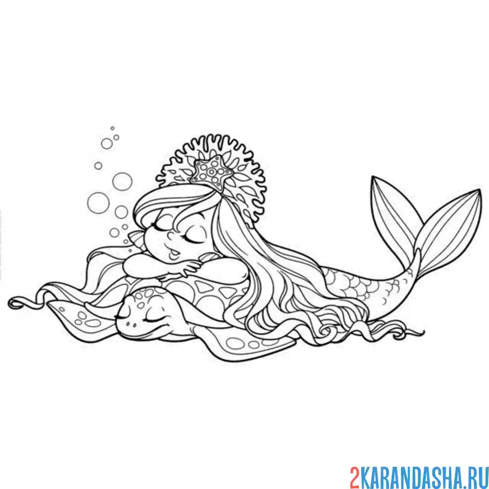 Раскраска русалка и черепаха спит