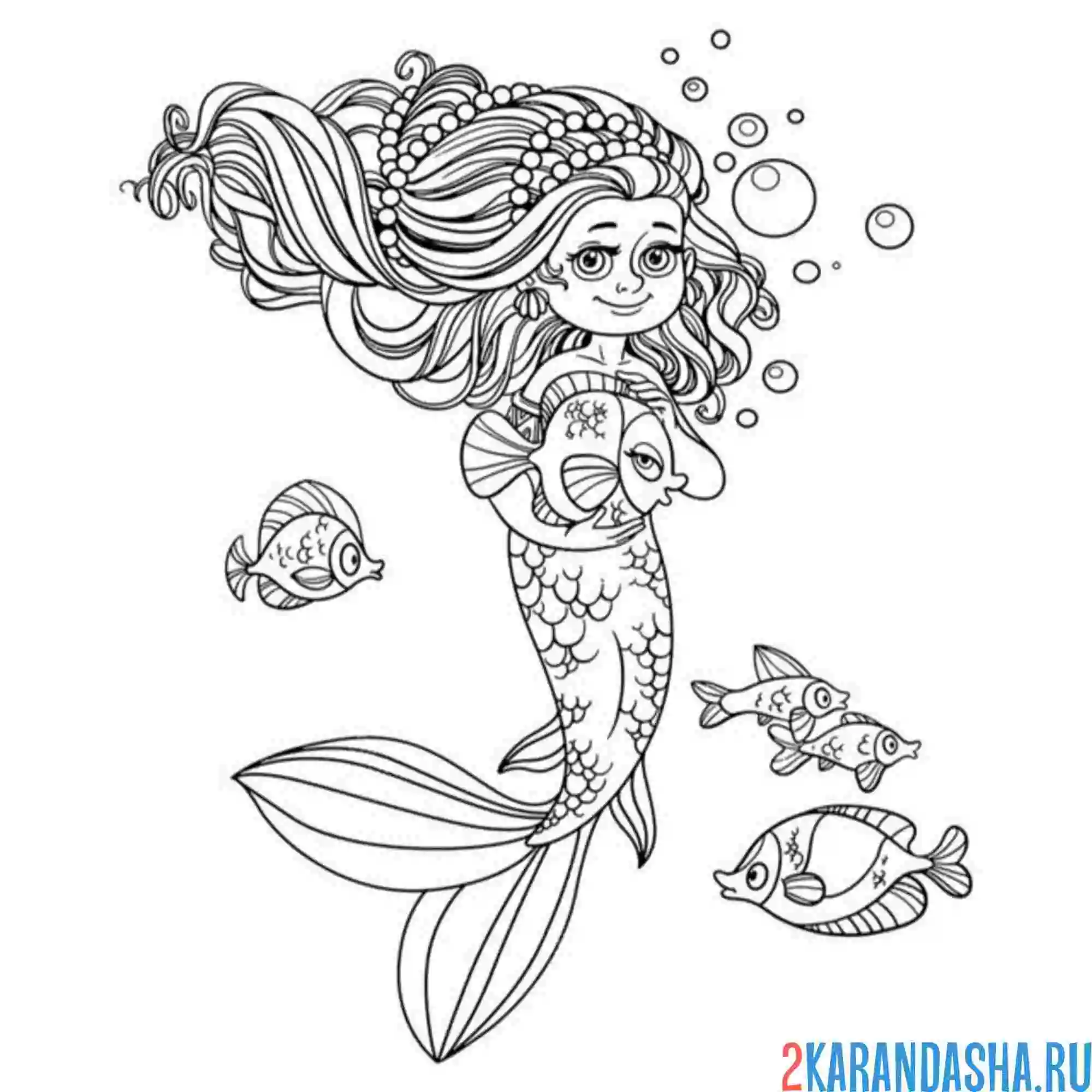 Раскраска русалка гладит рыбку