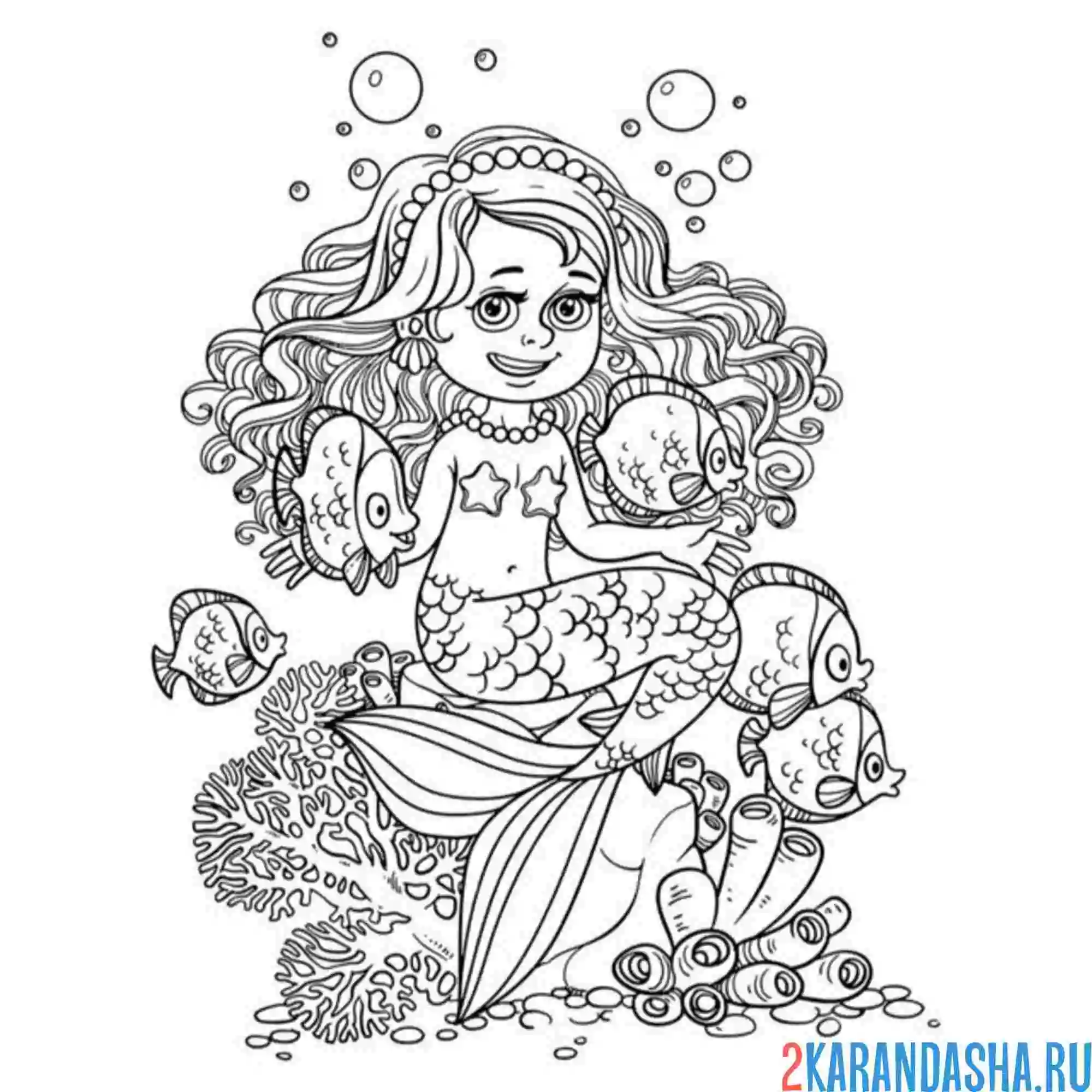 Раскраска русалка на дне морском