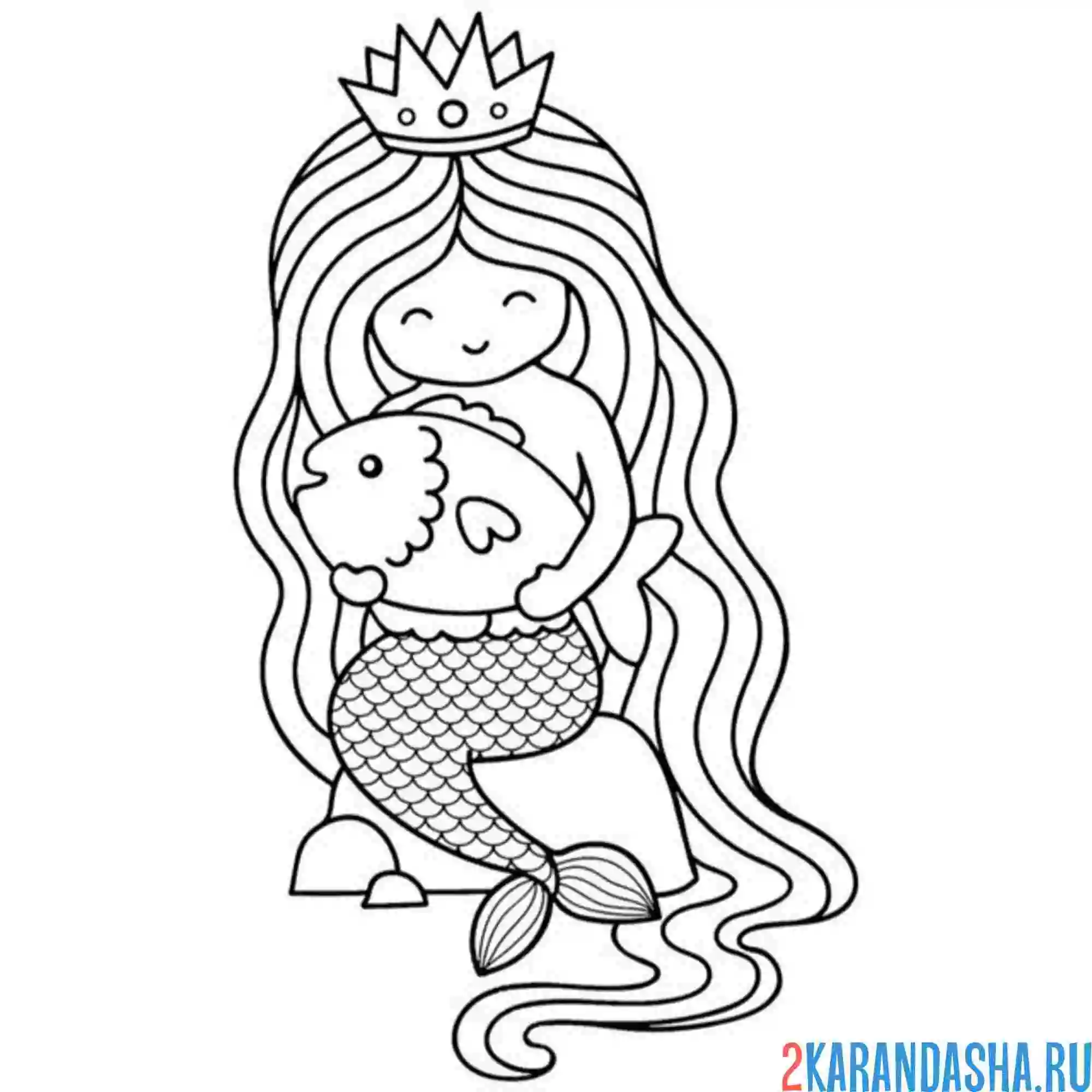 Раскраска русалка держит рыбку