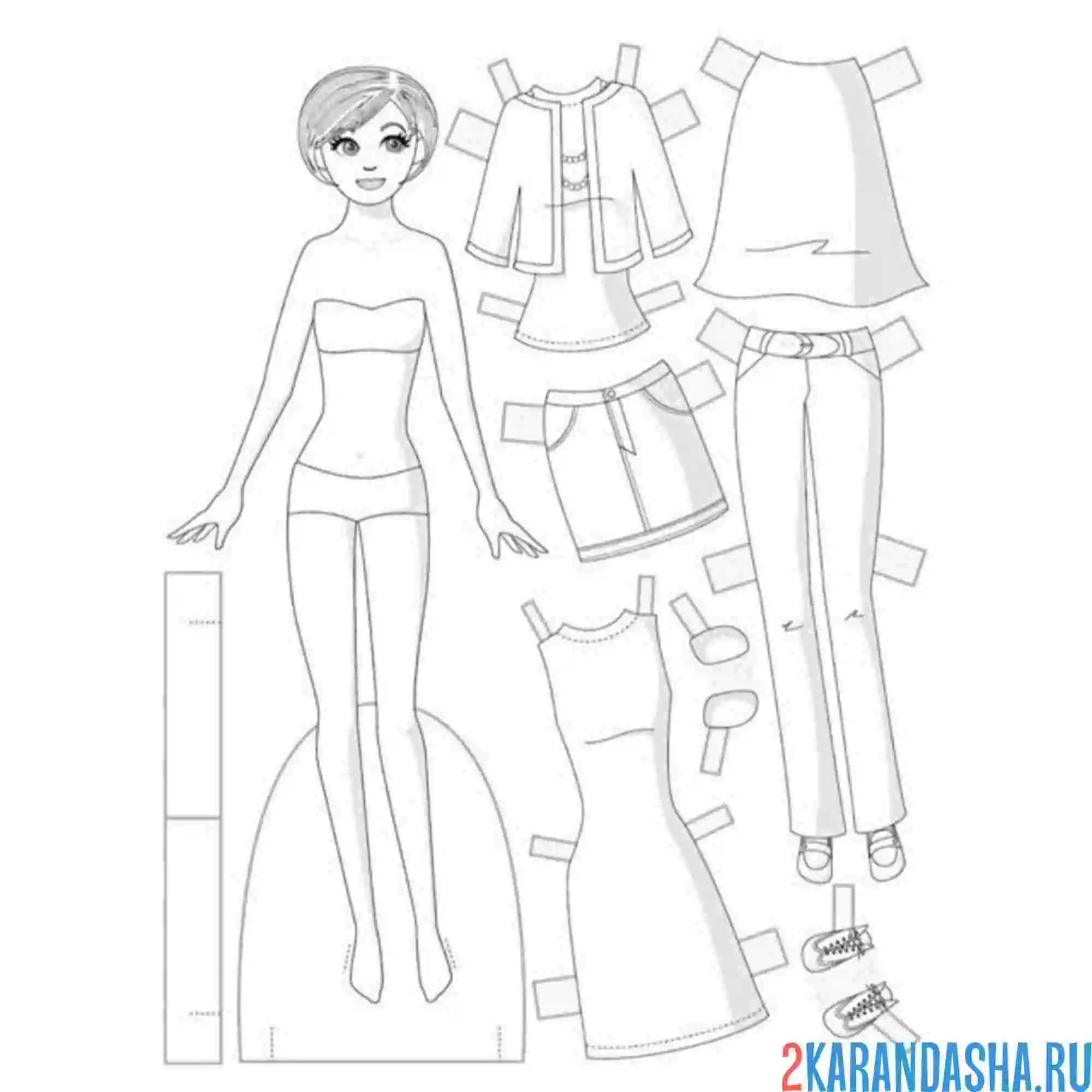 Раскраска бумажная кукла для вырезания во весь рост с одеждой