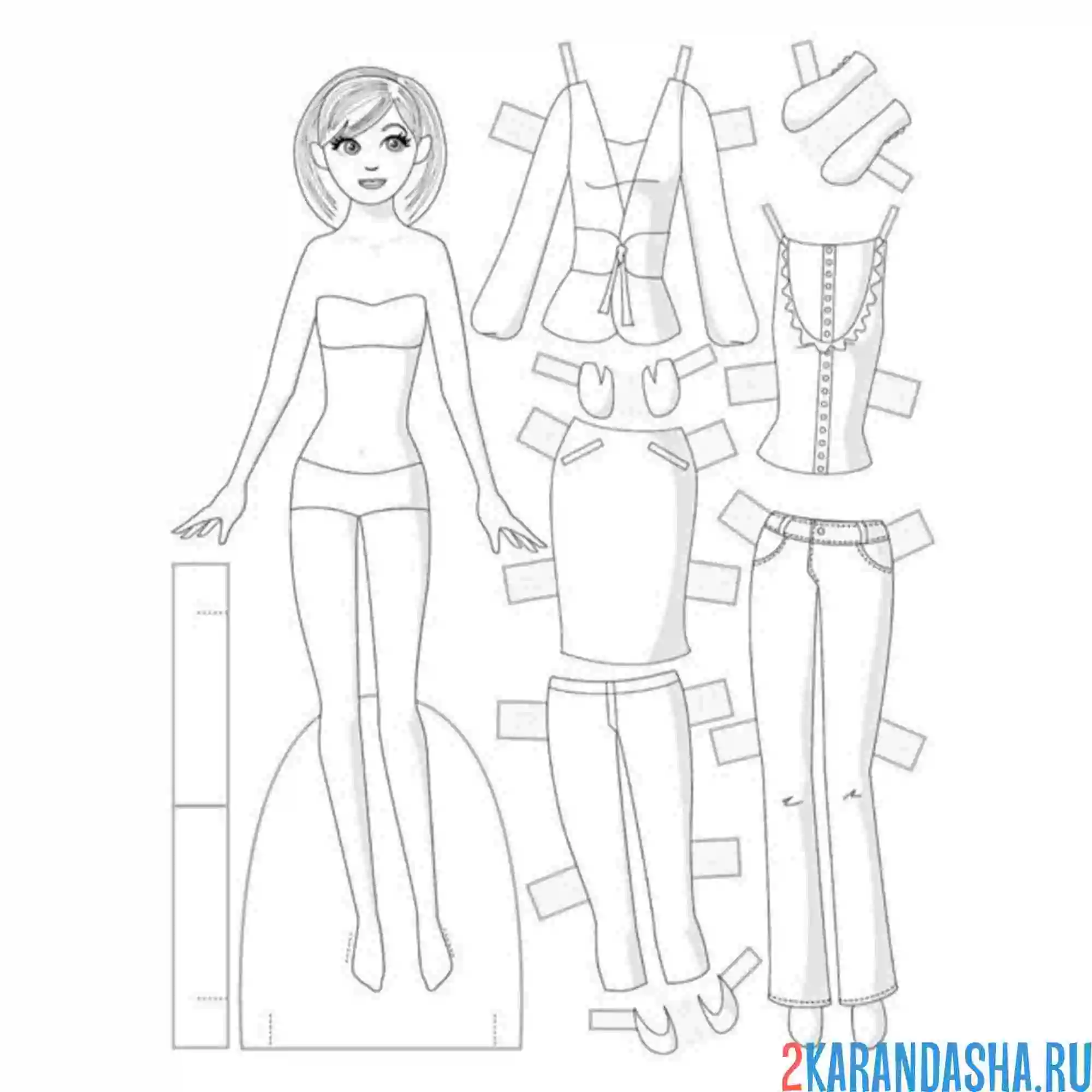 Раскраска бумажная кукла для вырезания с одеждой