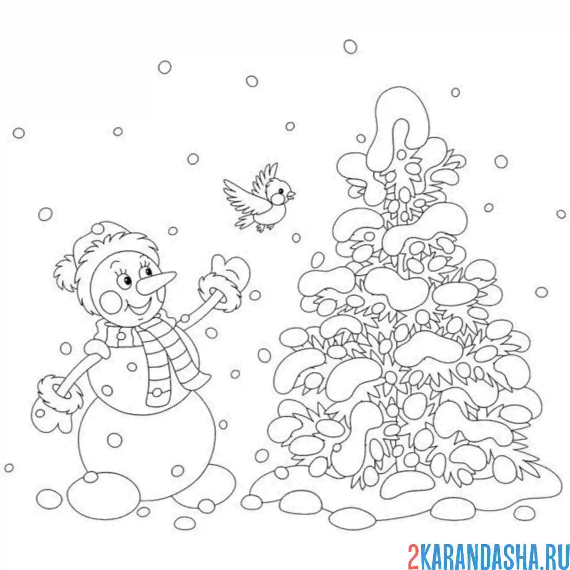 Раскраска снеговик и синичка