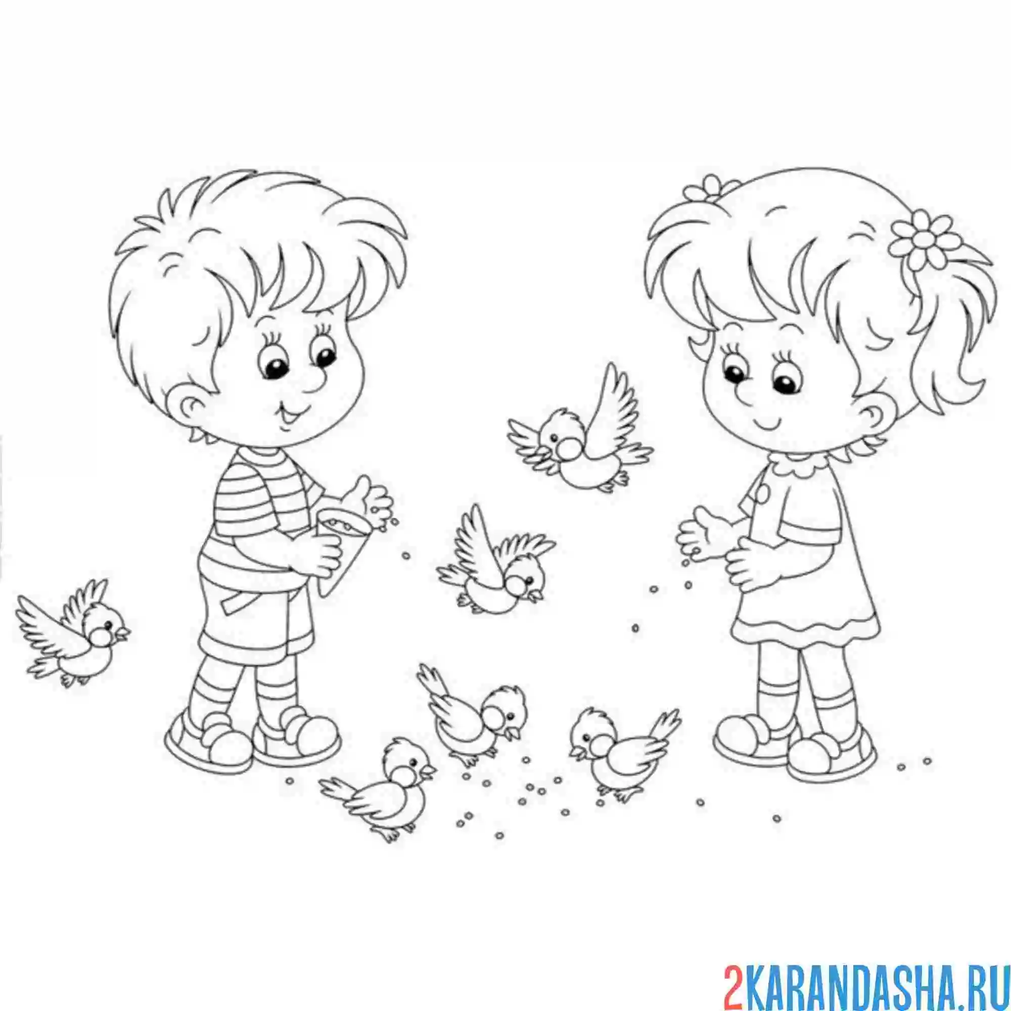 Раскраска мальчик и девочка ест синичка