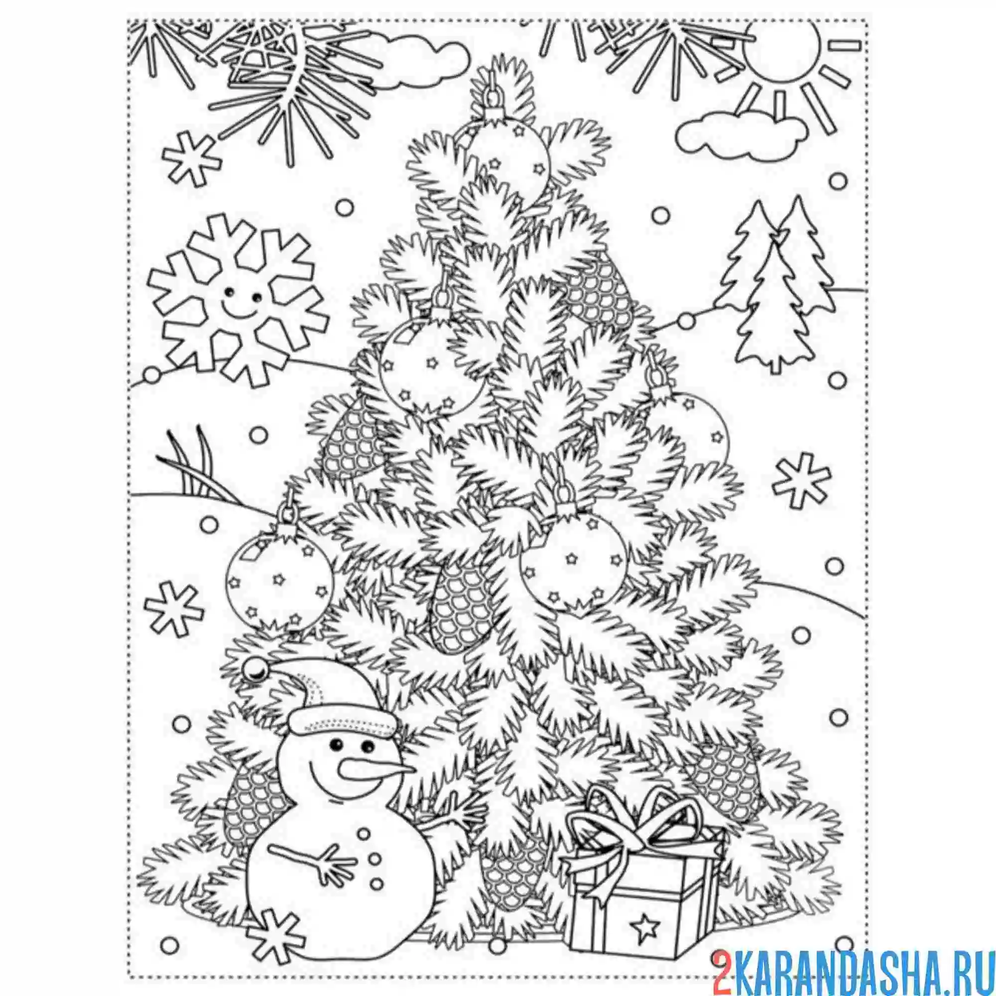 Раскраска елка, зима, снеговик и снег