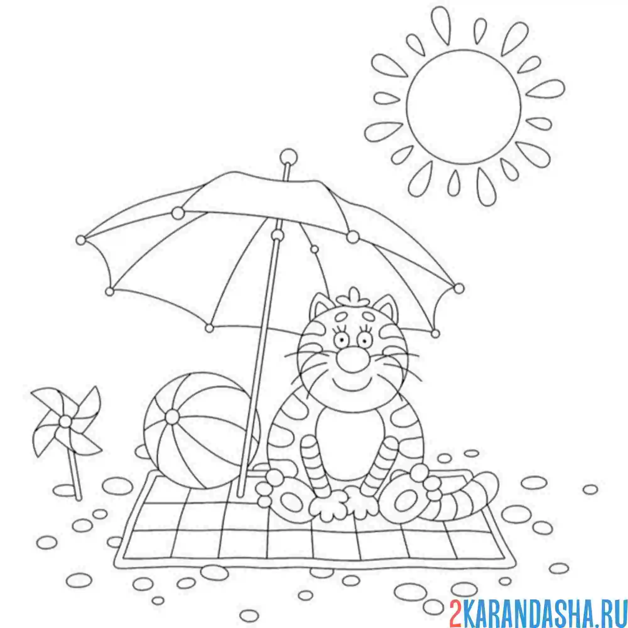 Раскраска кот летом под зонтом