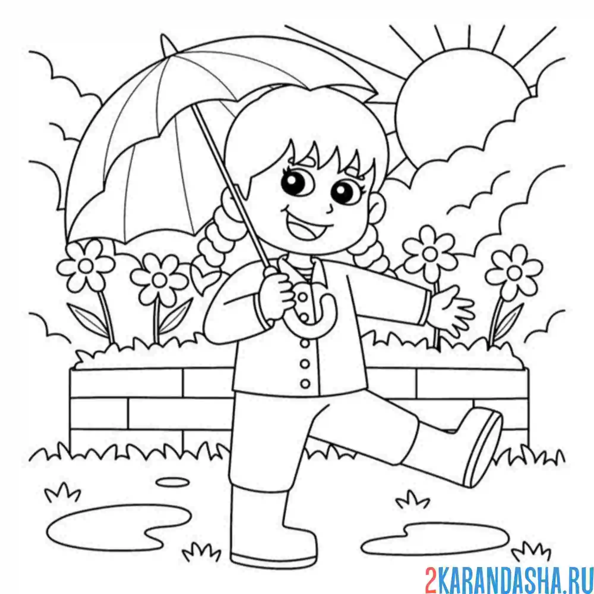Раскраска девочка в лужах под зонтом