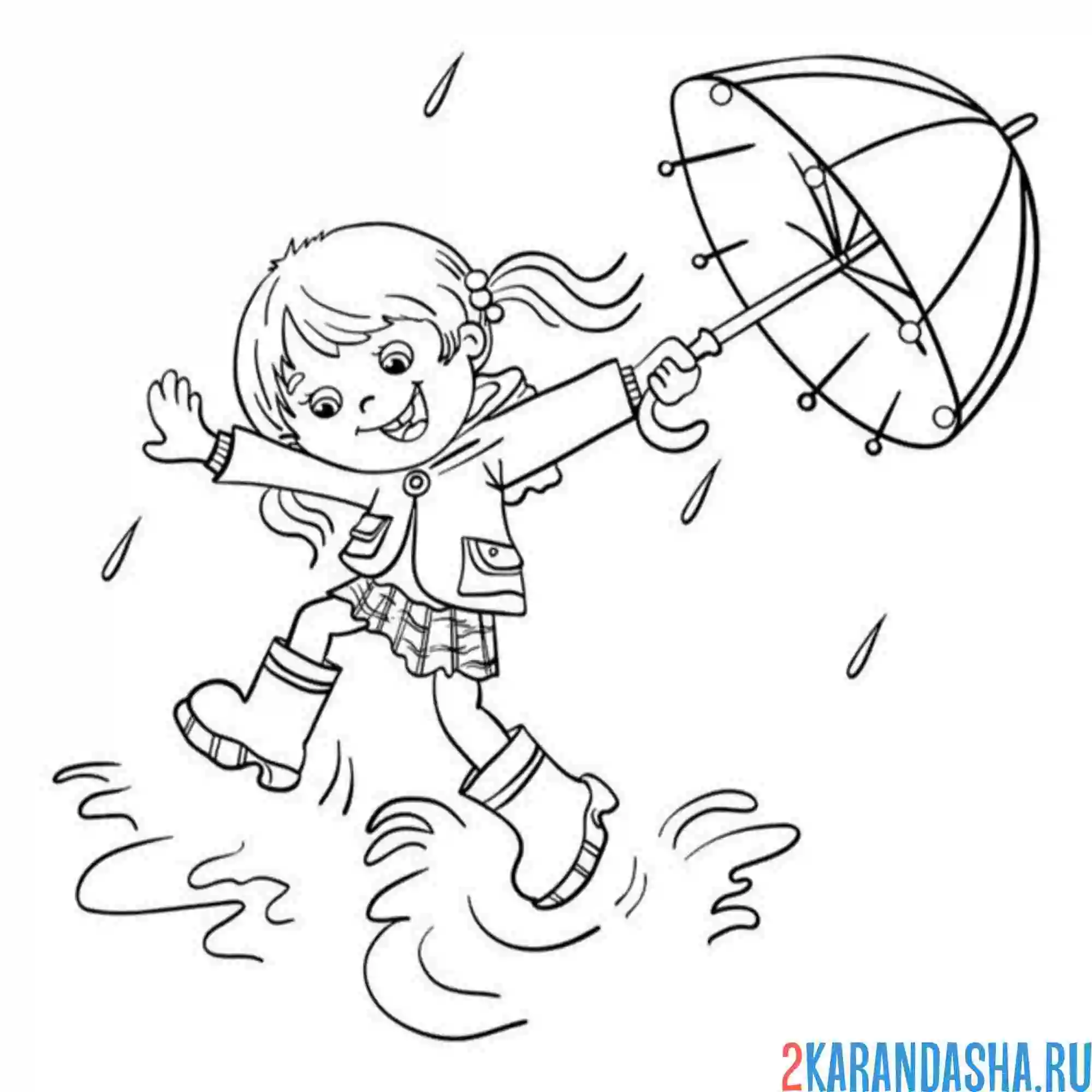 Раскраска девочка под зонтом и дождь