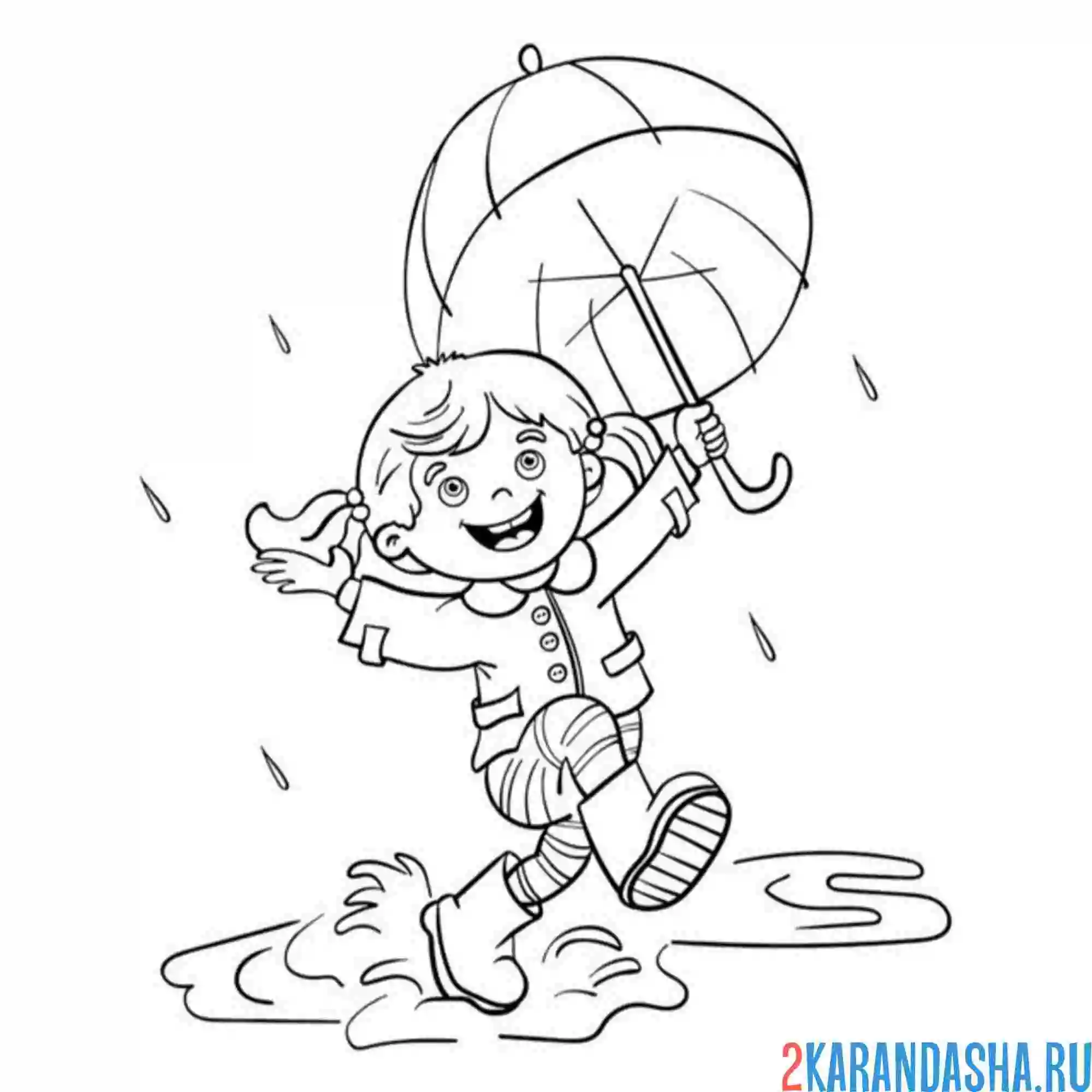 Раскраска девочка бегает по лужам под зонтом