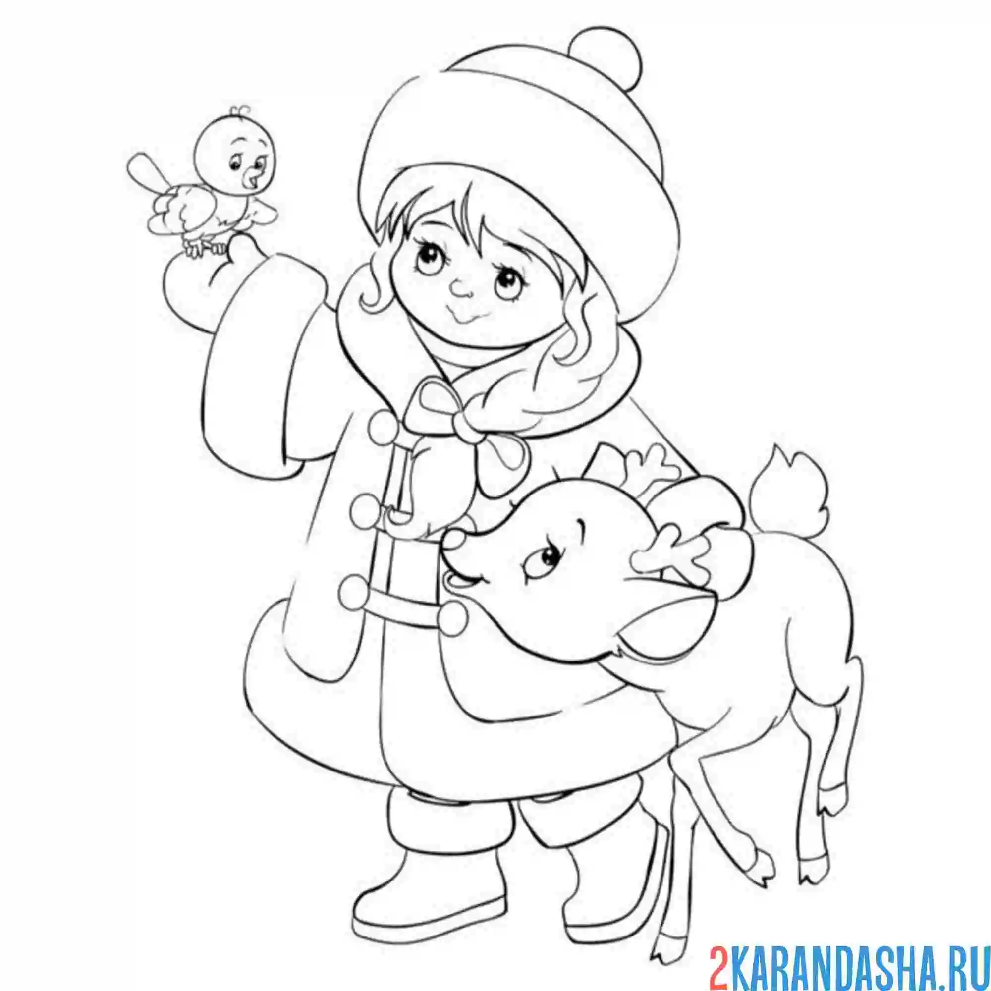 Раскраска снегурочка птичка и олень