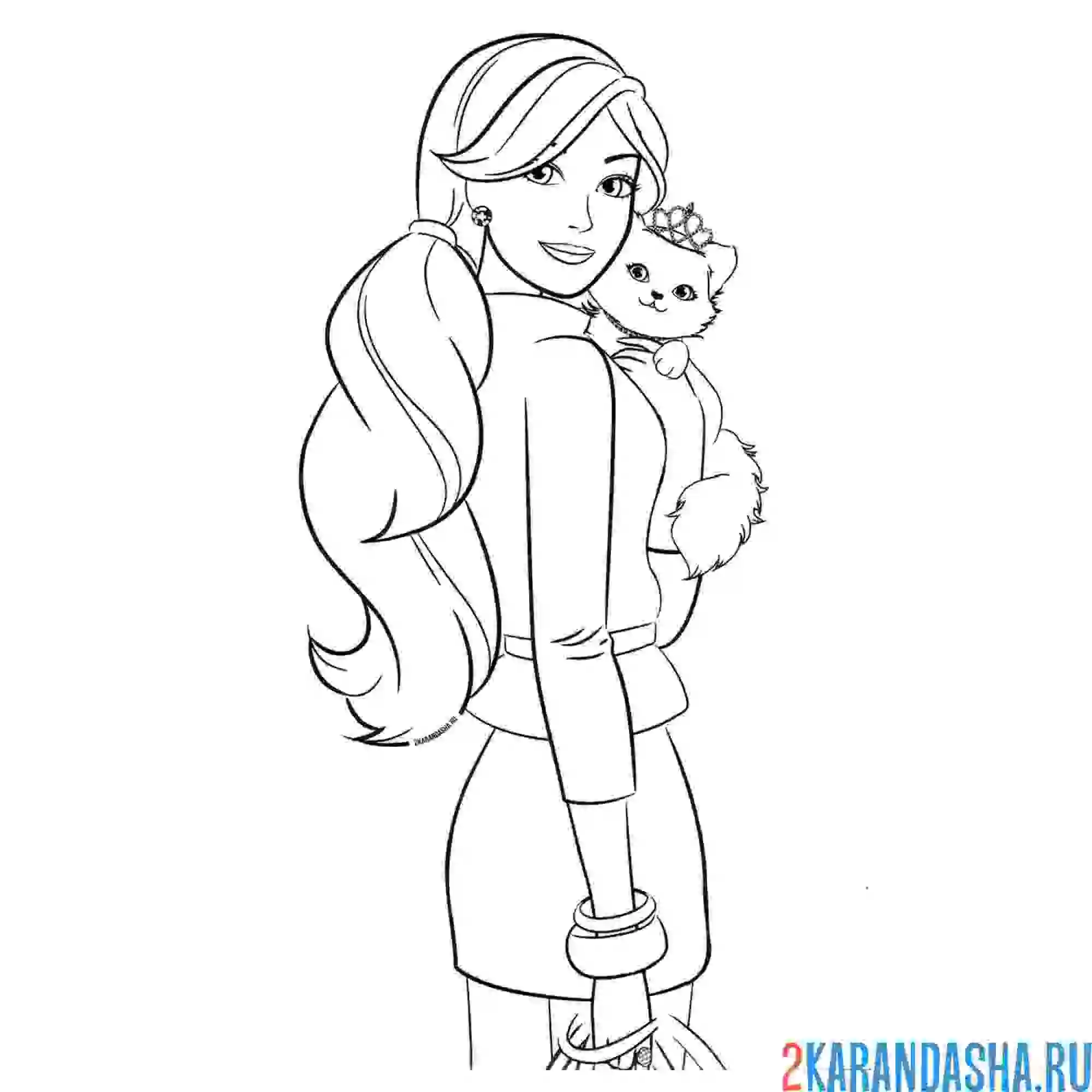 Раскраска барби с красивыми волосами и кошечкой