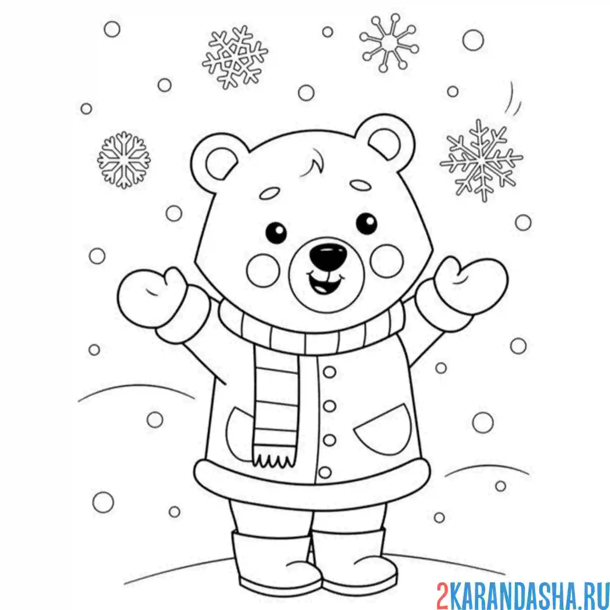 Раскраска мишка и снежинки