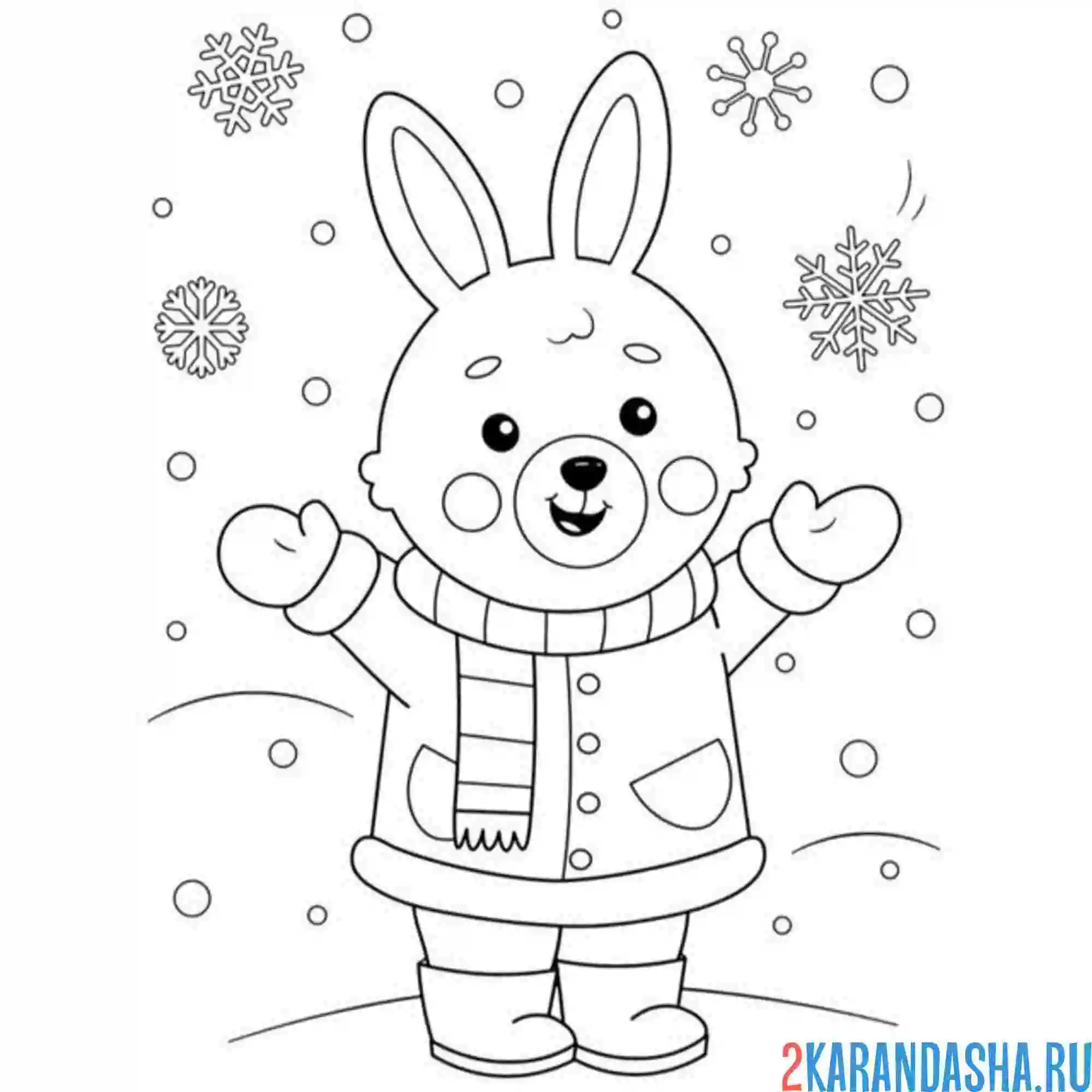 Раскраска заяц и снежинки