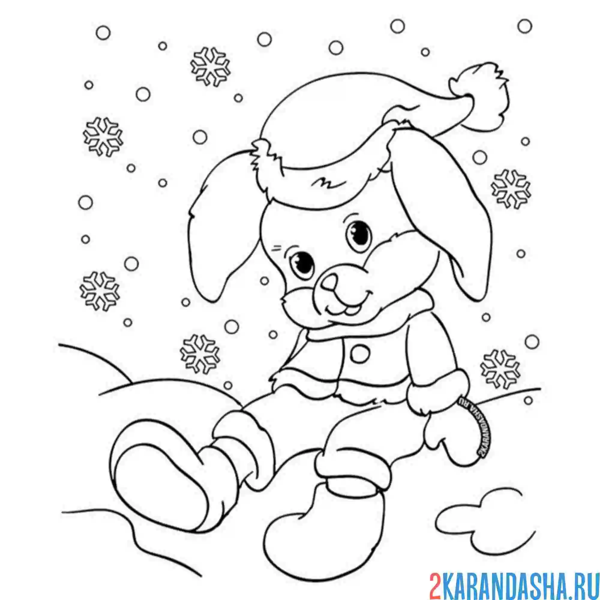Раскраска зайчик под снегом