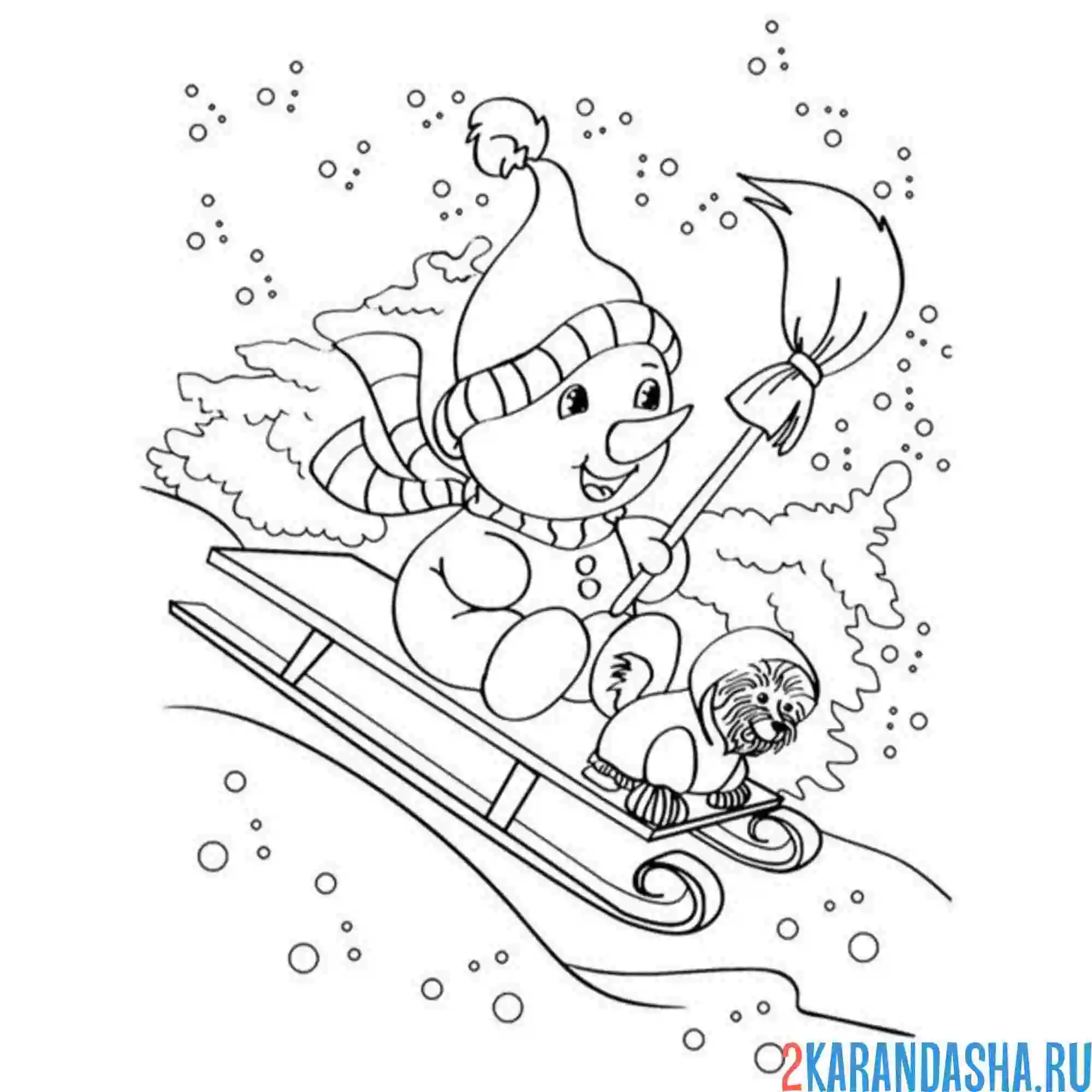 Раскраска снеговик и санки со снегом