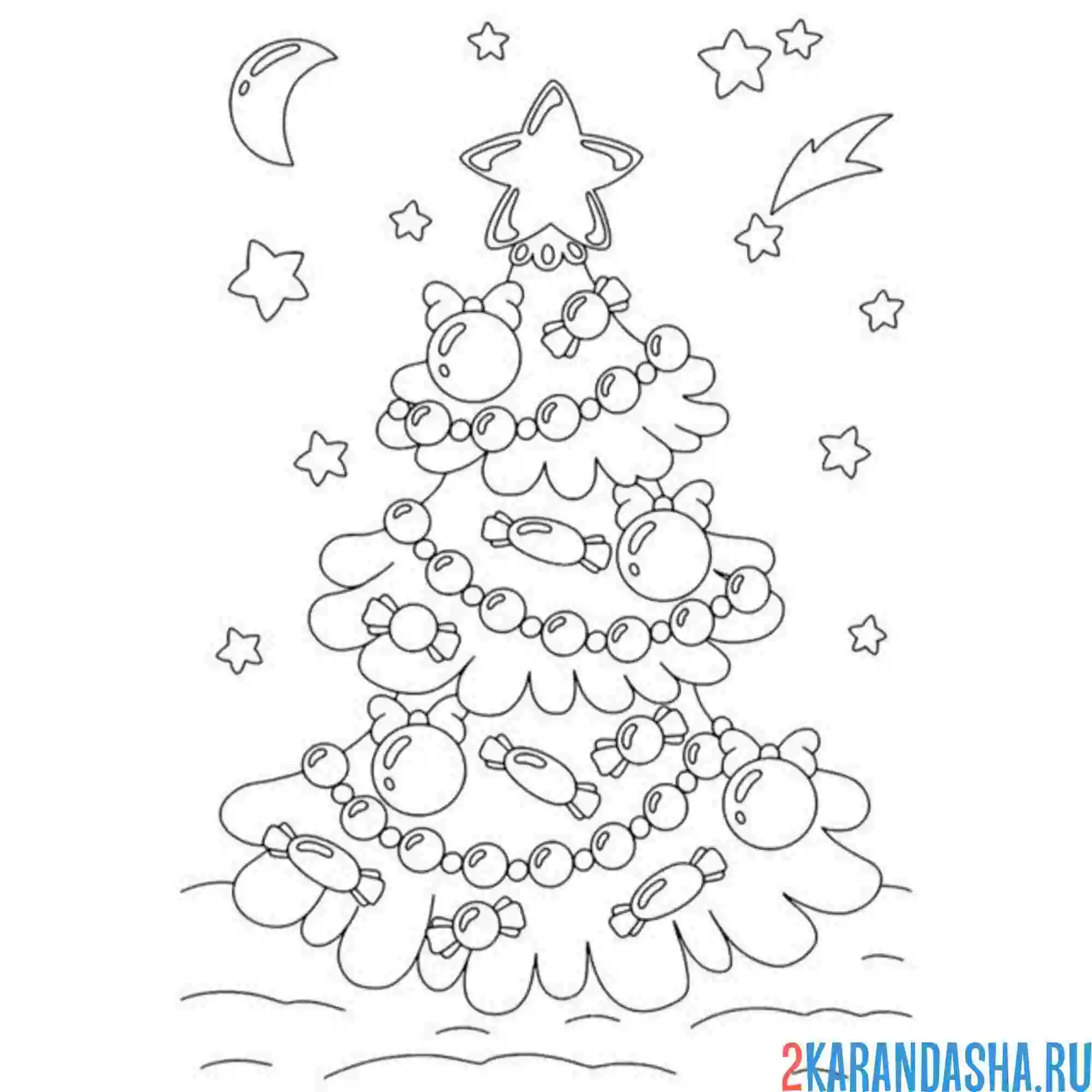 Раскраска новогодняя елка и звезды