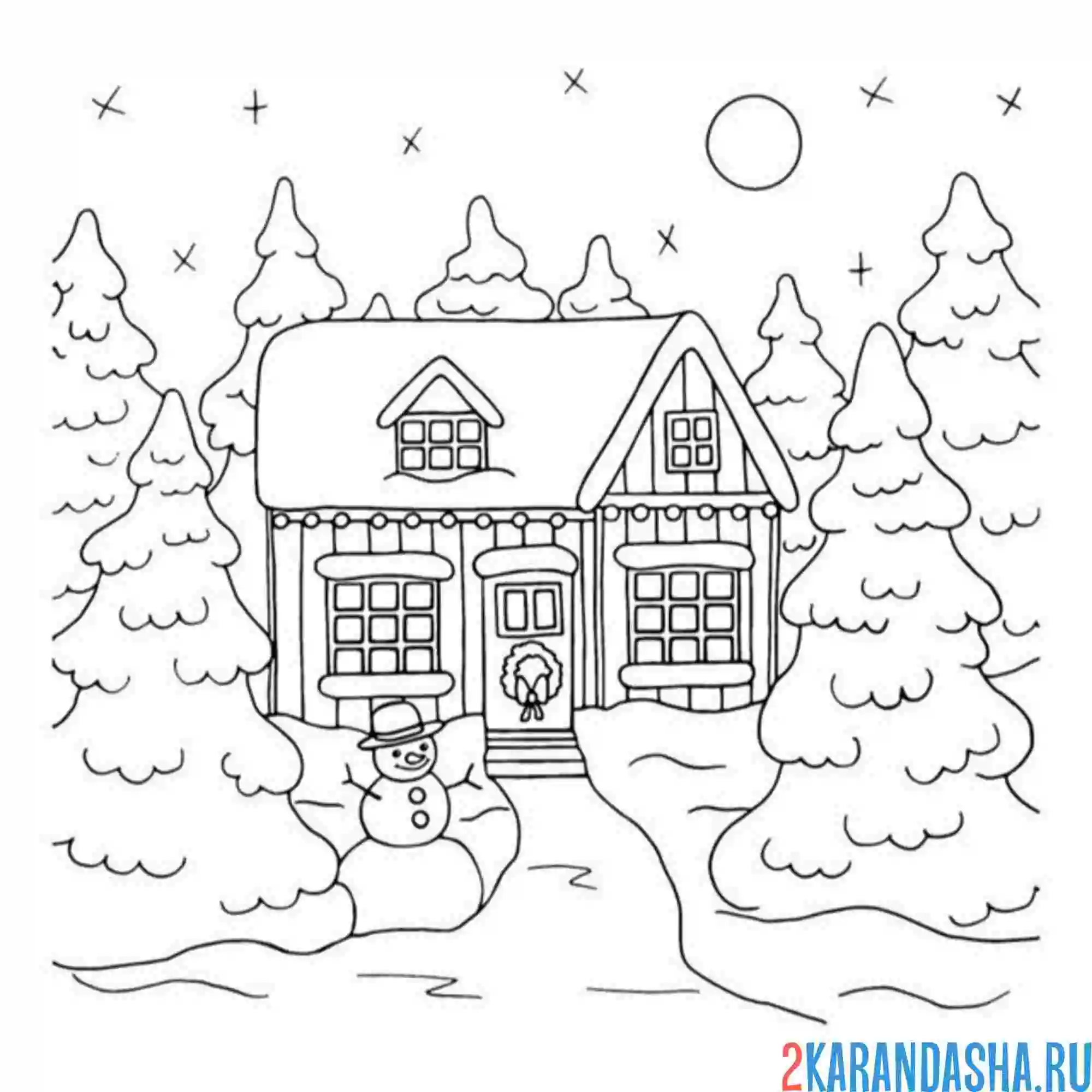 Раскраска дом в снегу