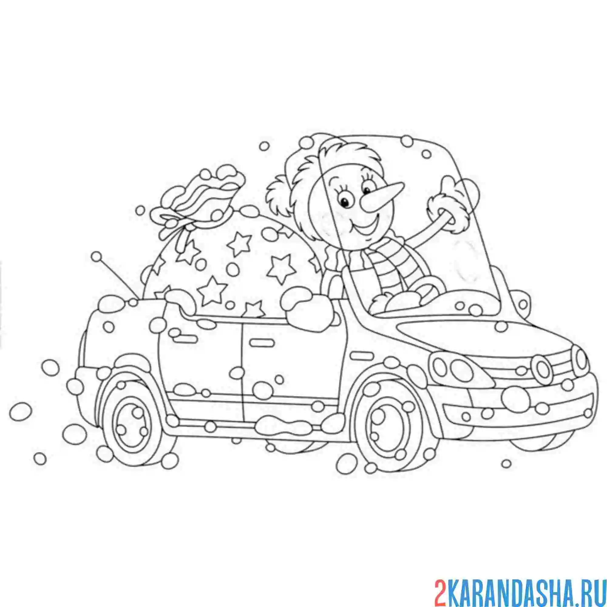 Раскраска снеговик, снег и подарки