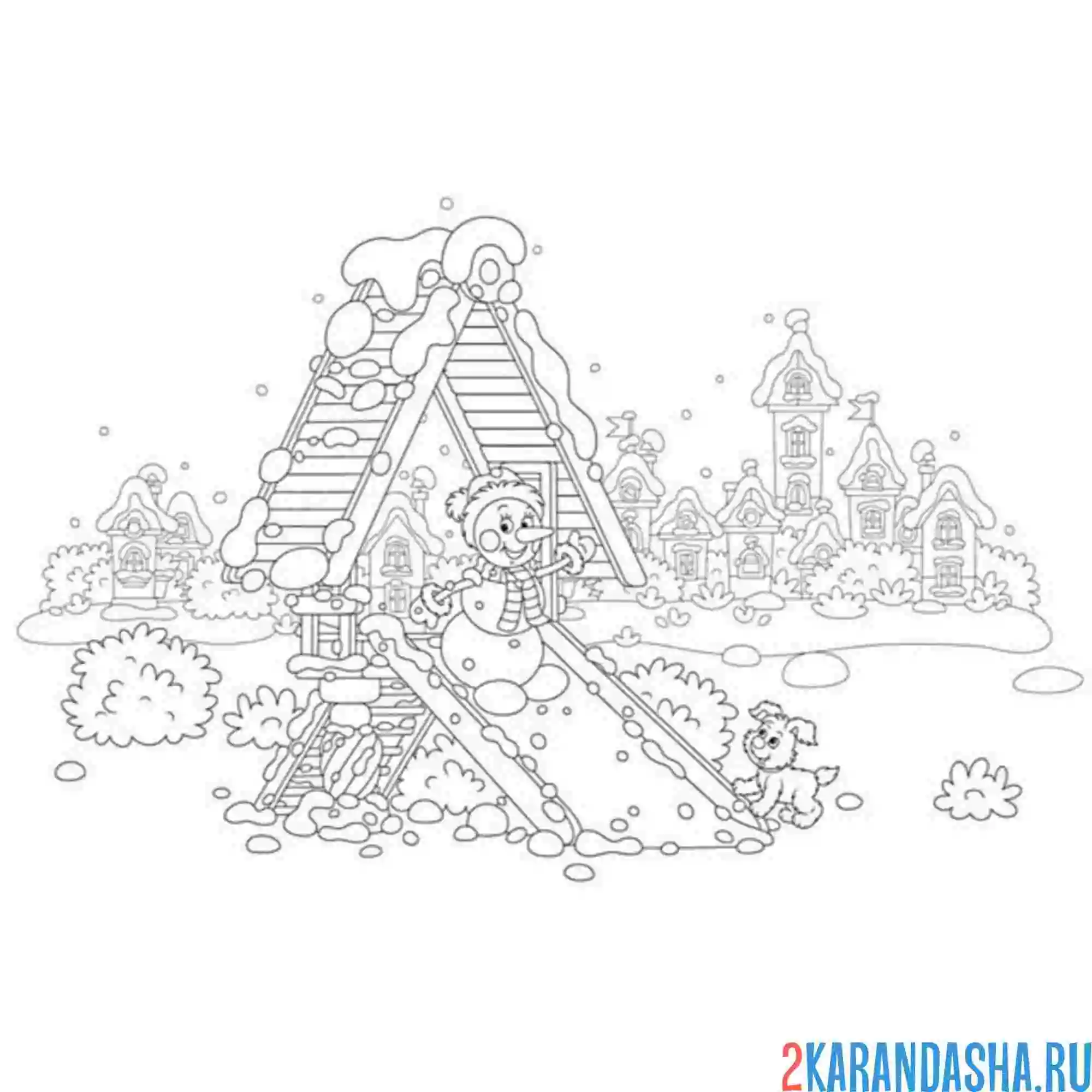 Раскраска снеговик катится с горки
