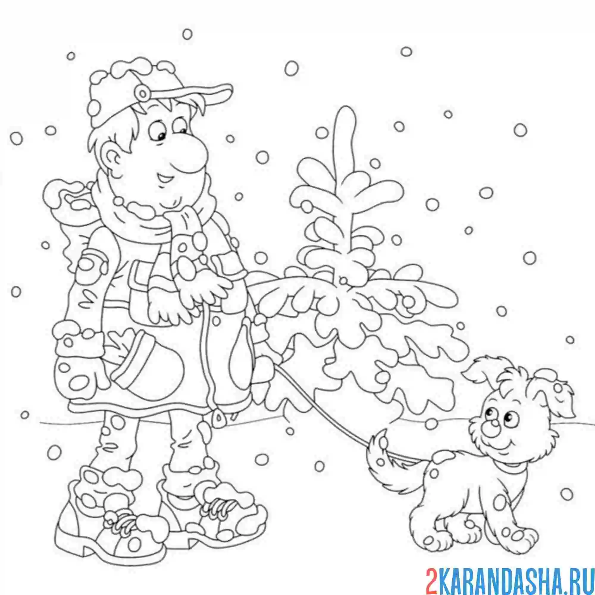 Раскраска прогулка с собакой в снег