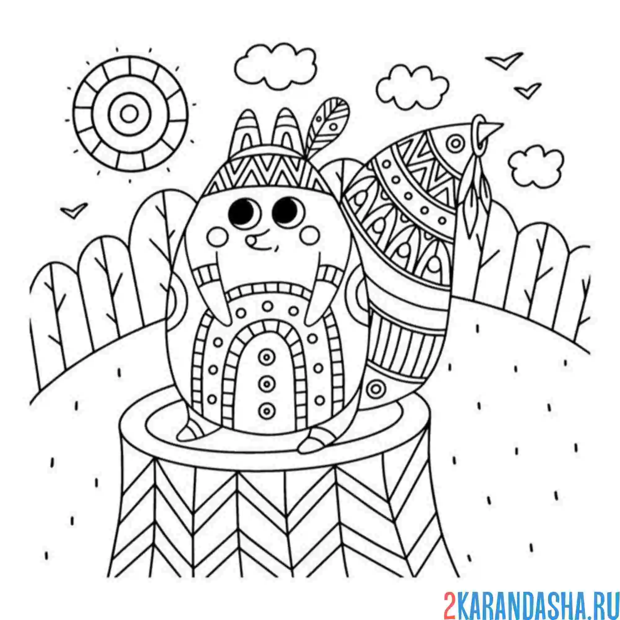 Раскраска белка на пне антистресс