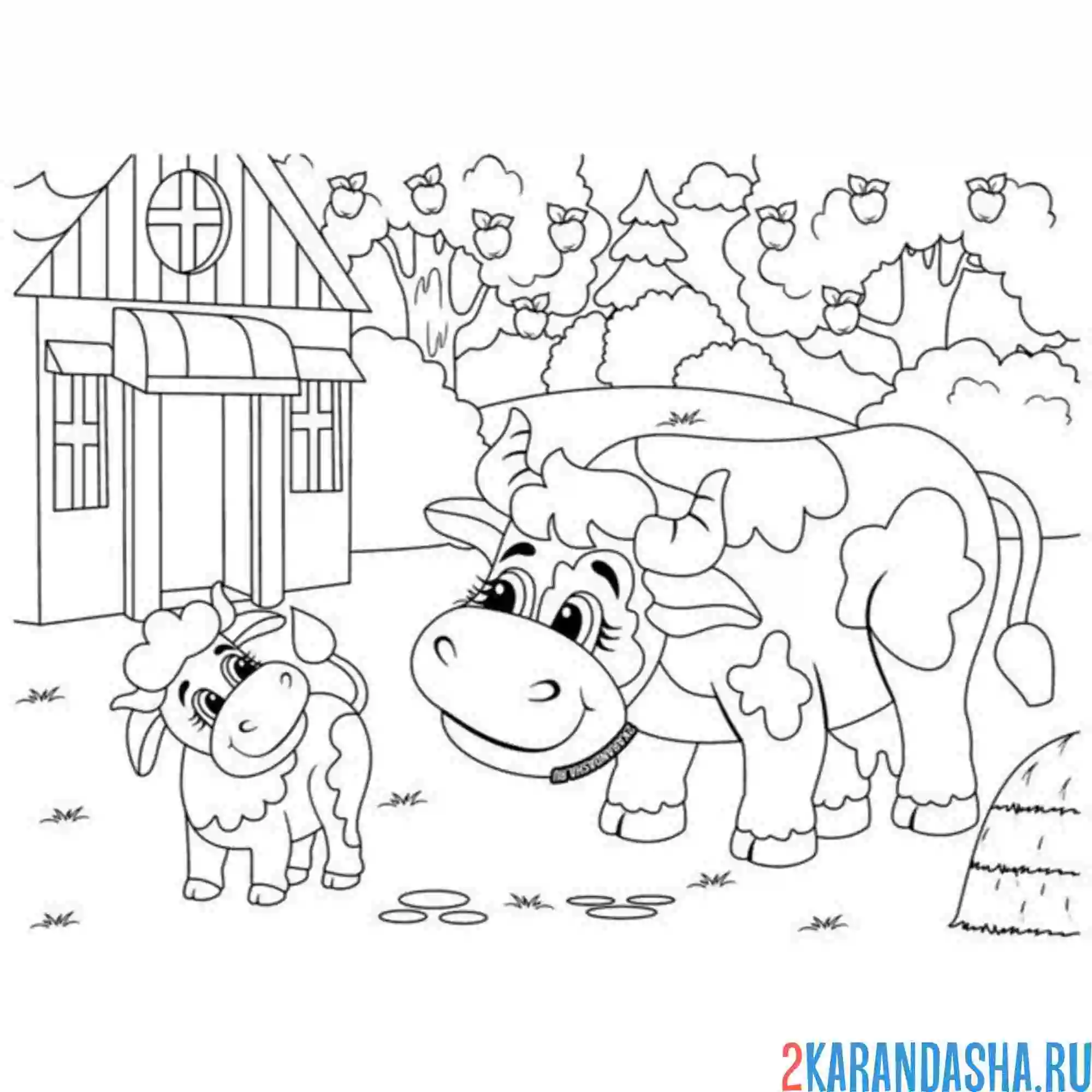 Раскраска веселая корова и теленок