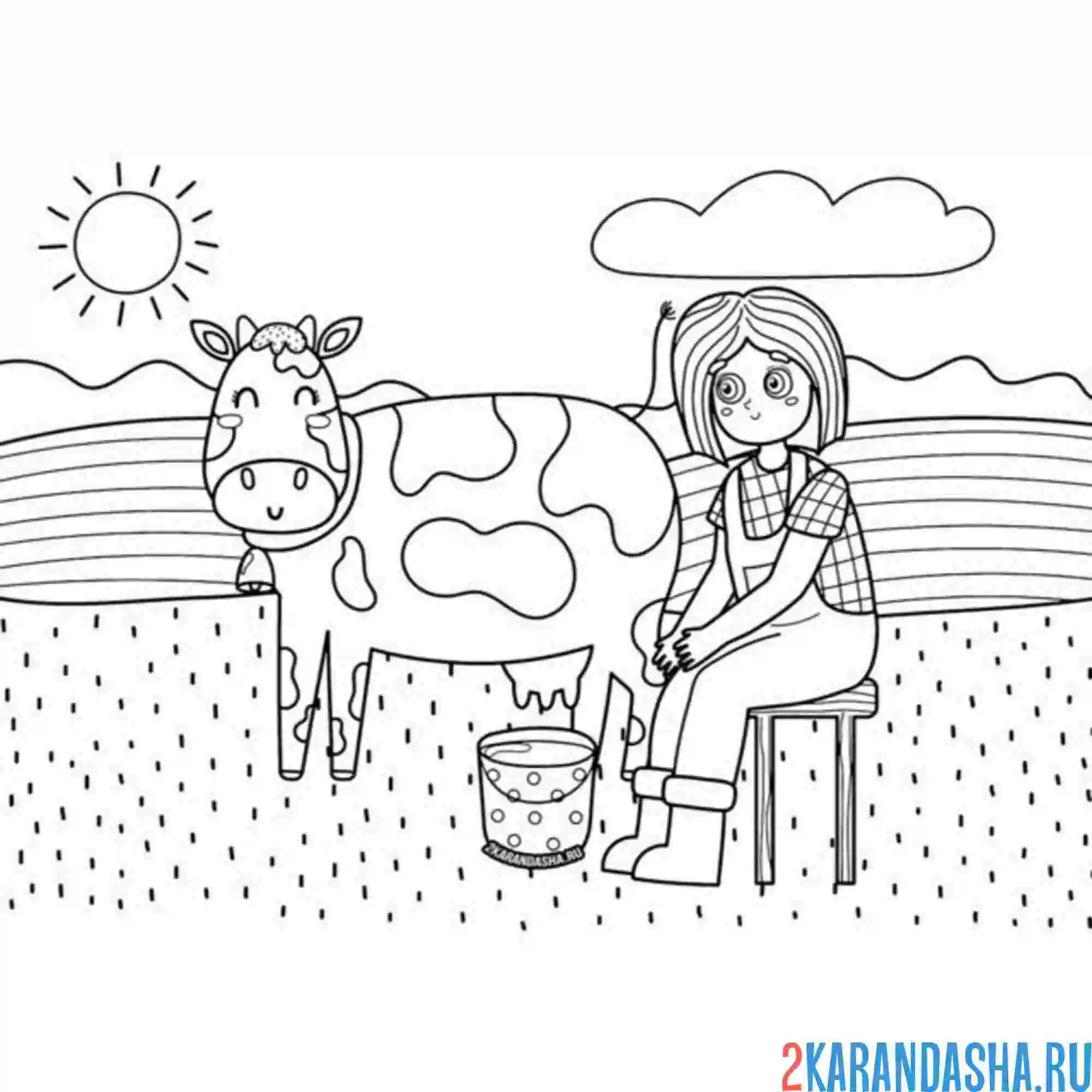 Раскраска девушка доит корову